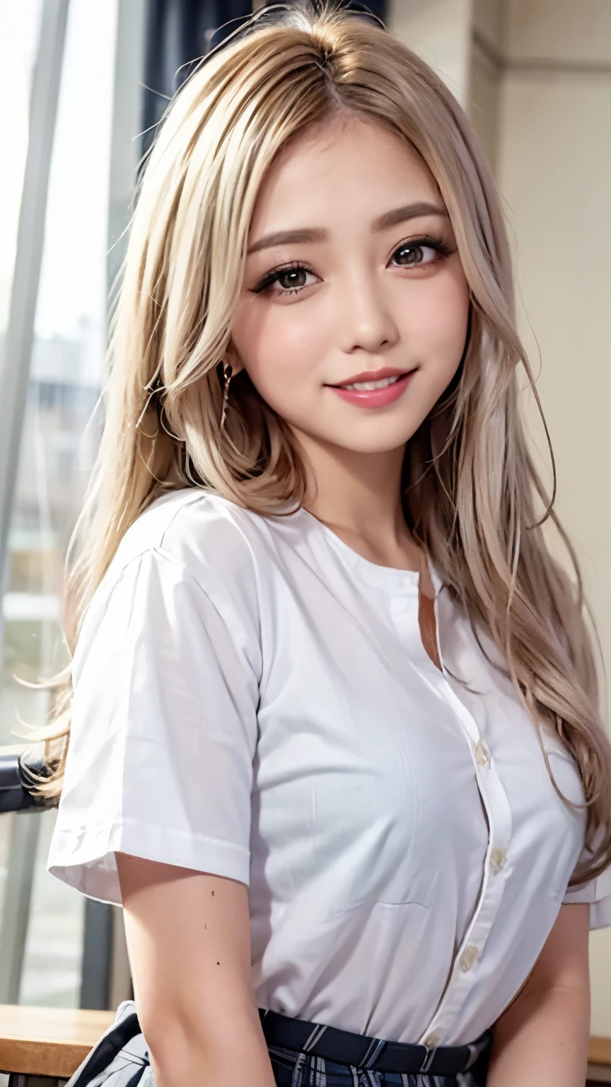 Realistic, masterpiece, highest quality, highest resolution, one Japanese high school girl, 16 years old, upper body photo, She narrows her eyes and looks at me with a shy smile and a smile, smiling with open mouth, Beautiful and detailed eye drawing, (droopy eyes:1.3), black eyes, thin eyebrows, Carefully draw eyelashes, A little tooth is visible, gal makeup, (blonde hair, midium hair, middle part:1.3), (hidden creased eyelids:1.3), He is wearing a neat white button-up shirt., She is wearing a short pleated skirt with a gray plaid pattern, A was photographed from below at an angle, school classroom