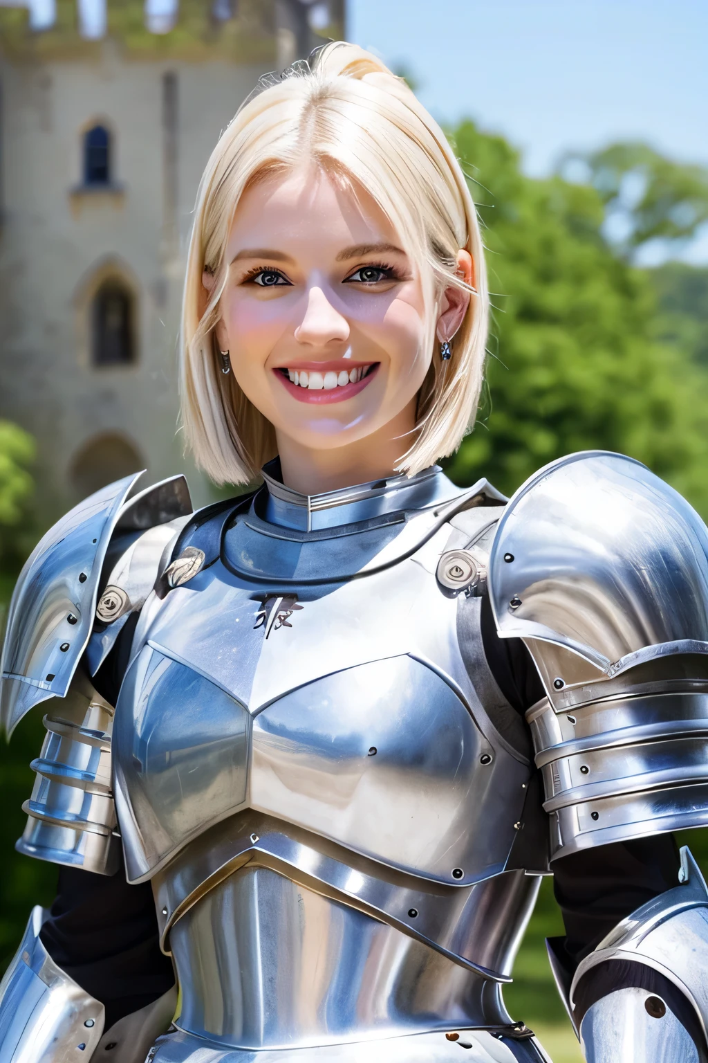 8K、highest quality、female knight、Luxurious Silver Armor、、hairstyle short cut、smile、beautiful teeth、full body photo、ear piercing、blonde、white woman、blue eyes、heavy makeup、The background is the interior of a castle.