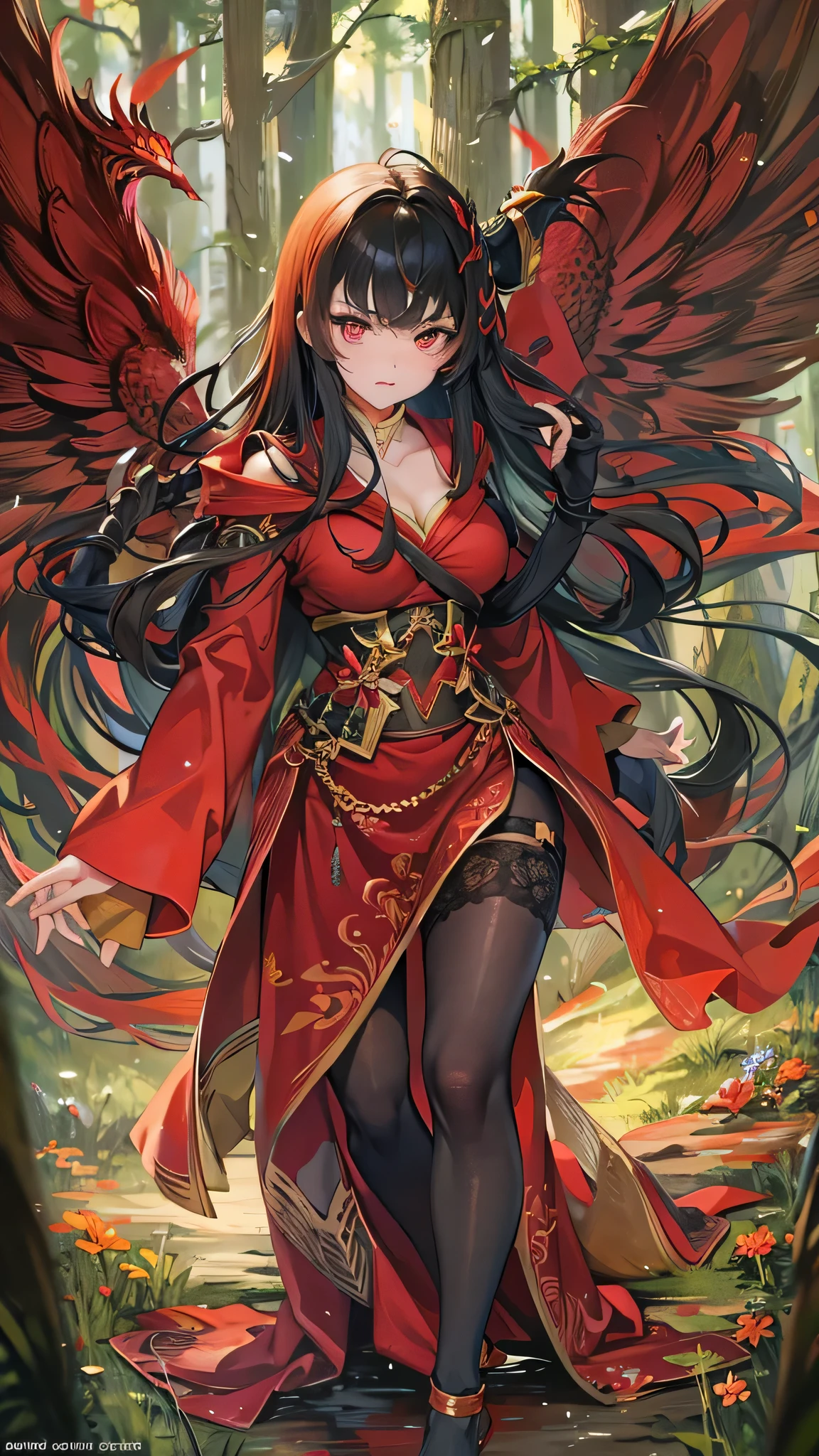 perfect anatomy, masterpiece:1.4, best quality, 8k, beautiful detailed grow, ((she is Cast a spell of Mega Flare)) (in the Cedar Forest), break, (battle style) ((Fires bombs from own hands)) (solo straight black hair long hair femdom cute girl, 18 yo, detailed beautiful red eyes, angry face, bigboobs), break, (in the enchanted red robe), standing, beauty style.