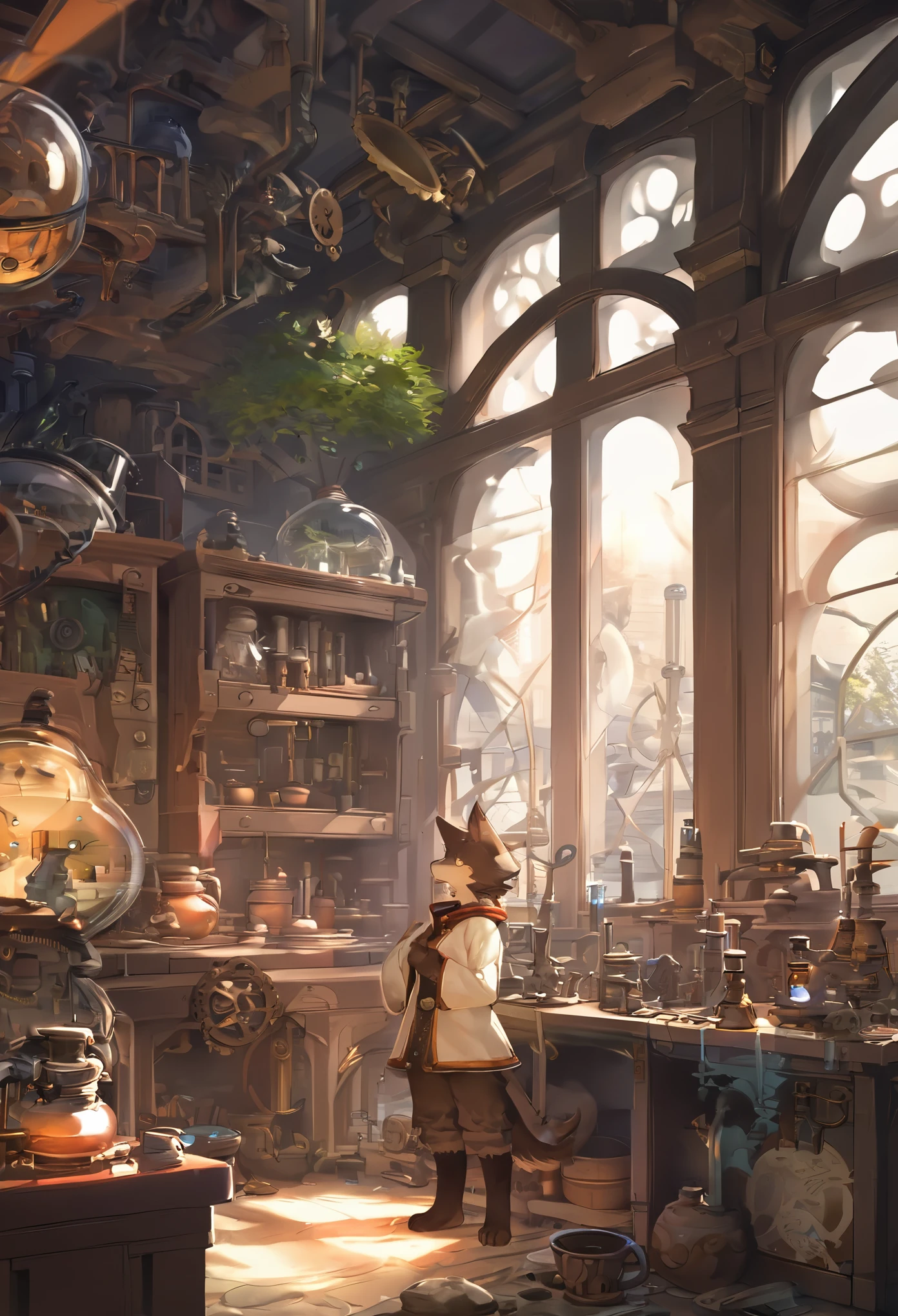 cover page, highres, top quality, best quality, paid reward available, unparalleled masterpiece, perfect artwork, absurdres, High-quality illustrations, super high resolution, detailed background, perfect anatomy(1boy, solo, kemono, furry anthro, alchemist, Experimenting)many pottery, in room with many windows, in cluttered lab, in steampunk laboratory, fantasy alchemist laboratory, weapon shop interior, cinematic lighting,