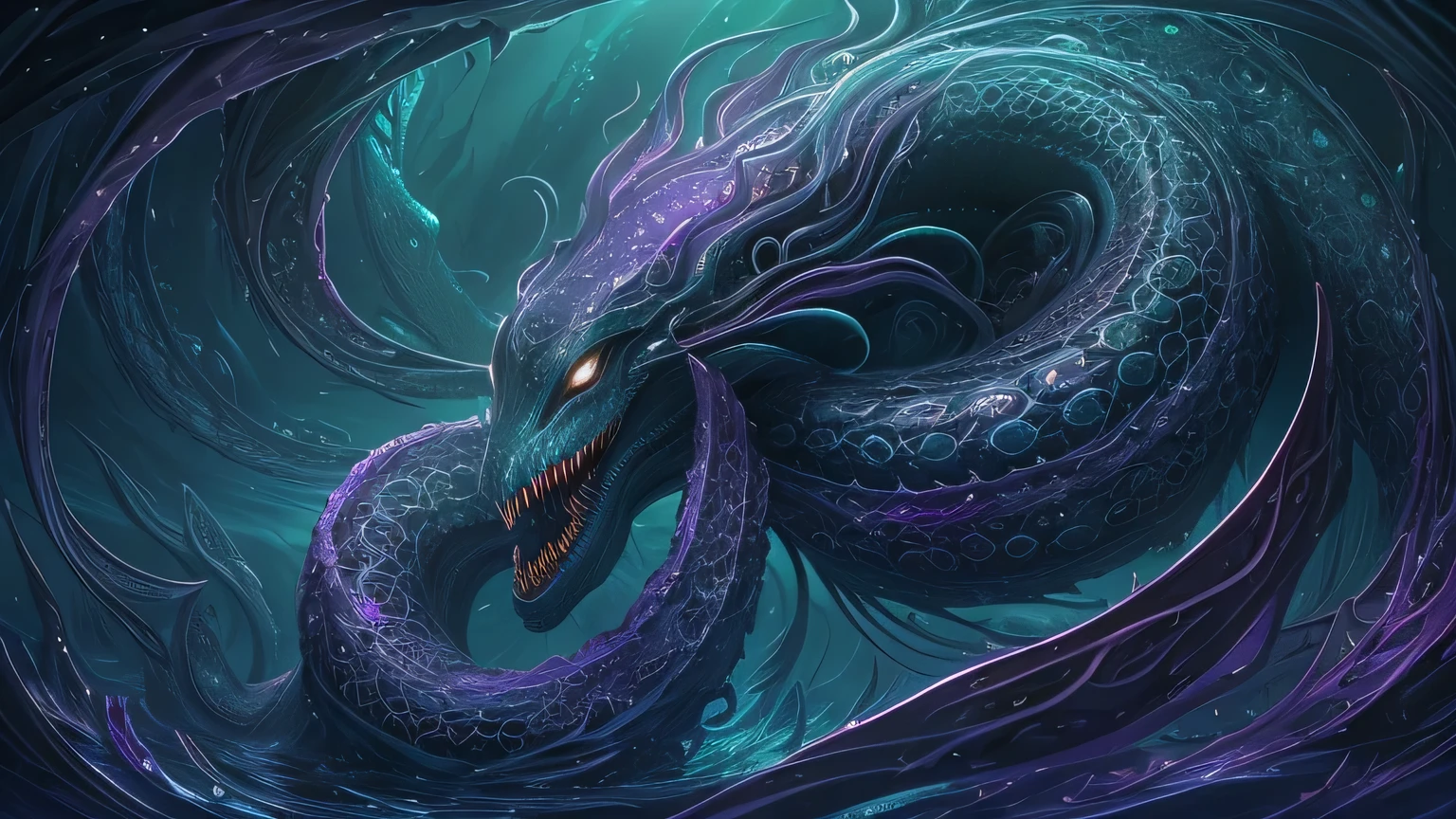 Envision a breathtaking serpentine eldritch creature, a fusion of beauty and otherworldly terror, residing in the shadowy depths of an ancient ocean. This creature's elongated, serpentine body gracefully weaves through the water, shimmering with a spectral luminescence that highlights its ethereal presence. Its scales are iridescent, catching the dim underwater light and reflecting a kaleidoscope of muted colors, primarily in shades of deep violet, indigo, and teal.
From its sinuous body, countless tentacles unfurl, each one delicate and translucent yet imbued with an eerie strength. These tentacles are adorned with intricate patterns of glowing runes and symbols that pulse rhythmically, suggesting a language of the deep that is both mesmerizing and foreboding.
The creature’s head is elongated and slightly tapered, reminiscent of mythical dragons, with a pair of large, soulful eyes that glow softly under the water. These eyes convey an intelligence and depth that transcends the mundane, hinting at ancient knowledge and formidable power. The mouth, when visible, opens to reveal rows of finely pointed teeth, capable of ensnaring anything that dares come too close.
Overall, the creature exudes a majestic yet unsettling aura, its beauty almost divine, its presence a palpable whisper of the primordial chaos from which it was born. This serpentine eldritch beast not only captivates those who gaze upon it but also invokes a deep, instinctual awe mixed with fear, a true embodiment of sublime terror.