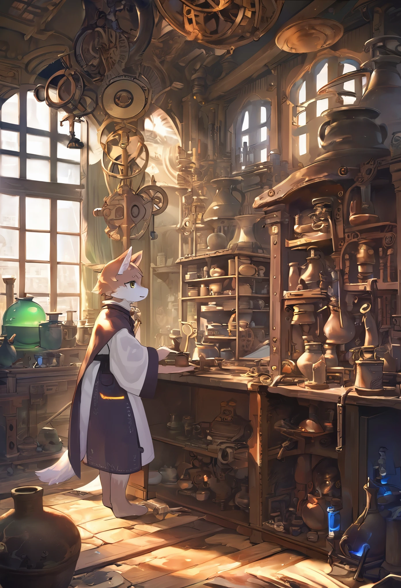 cover page, highres, top quality, best quality, paid reward available, unparalleled masterpiece, perfect artwork, absurdres, High-quality illustrations, super high resolution, detailed background, perfect anatomy(1boy, solo, kemono, furry anthro, alchemist, Experimenting)many pottery, in room with many windows, in cluttered lab, in steampunk laboratory, fantasy alchemist laboratory, weapon shop interior, cinematic lighting,