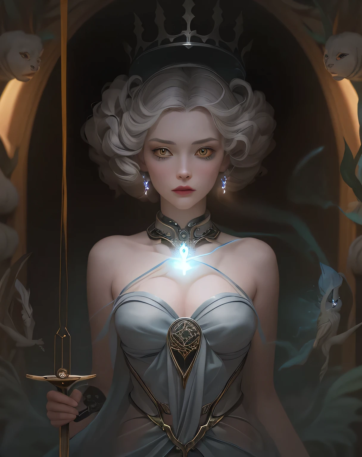 create a scene that depicts a modern-day witch who has embraced the world of cybernetics to enhance her magical abilities. The artwork should convey the enchanting blend of traditional witchcraft and futuristic technology. Here are some specific elements to include: The Witch's Lair: The setting should be a cozy yet slightly eerie room, filled with magical books, crystal balls, potion ingredients, and antique furnishings. The room should be dimly lit by candles and a soft, mystical glow emanating from her cybernetic enhancements. The Cyborg Witch: The central focus of the artwork is the witch herself. She's a striking figure with a mix of traditional witch attire and cybernetic enhancements. Her clothing should have a witchy, occult aesthetic, with flowing robes, a pointed hat, and an intricate pentagram necklace. Her arms, however, have been upgraded with cybernetic components that incorporate magical symbols and glowing runes. Magical Interface: The witch is in the midst of casting a spell, with a holographic, touch-screen interface floating before her. This interface includes spell incantations, arcane symbols, and digital components, demonstrating her fusion of magic and technology. Spell Ingredients: On a nearby table, there should be a collection of spell ingredients, like herbs, potions, and magical artifacts. Some of these items may have been modified with cybernetic enhancements, blurring the line between the natural and the technological. Familiar: The witch's familiar, perhaps a cat or raven, should be present in the scene, serving as her magical companion. The familiar could also have subtle cybernetic enhancements or glowing eyes. Glowing Runes: The room should be adorned with ancient symbols and glowing runes on the walls and floor, contributing to the magical atmosphere. Aetherial Lighting: Use a combination of mystical, ethereal lighting and cybernetic glows to create a captivating interplay of light and shadow. The contrast between the tradit