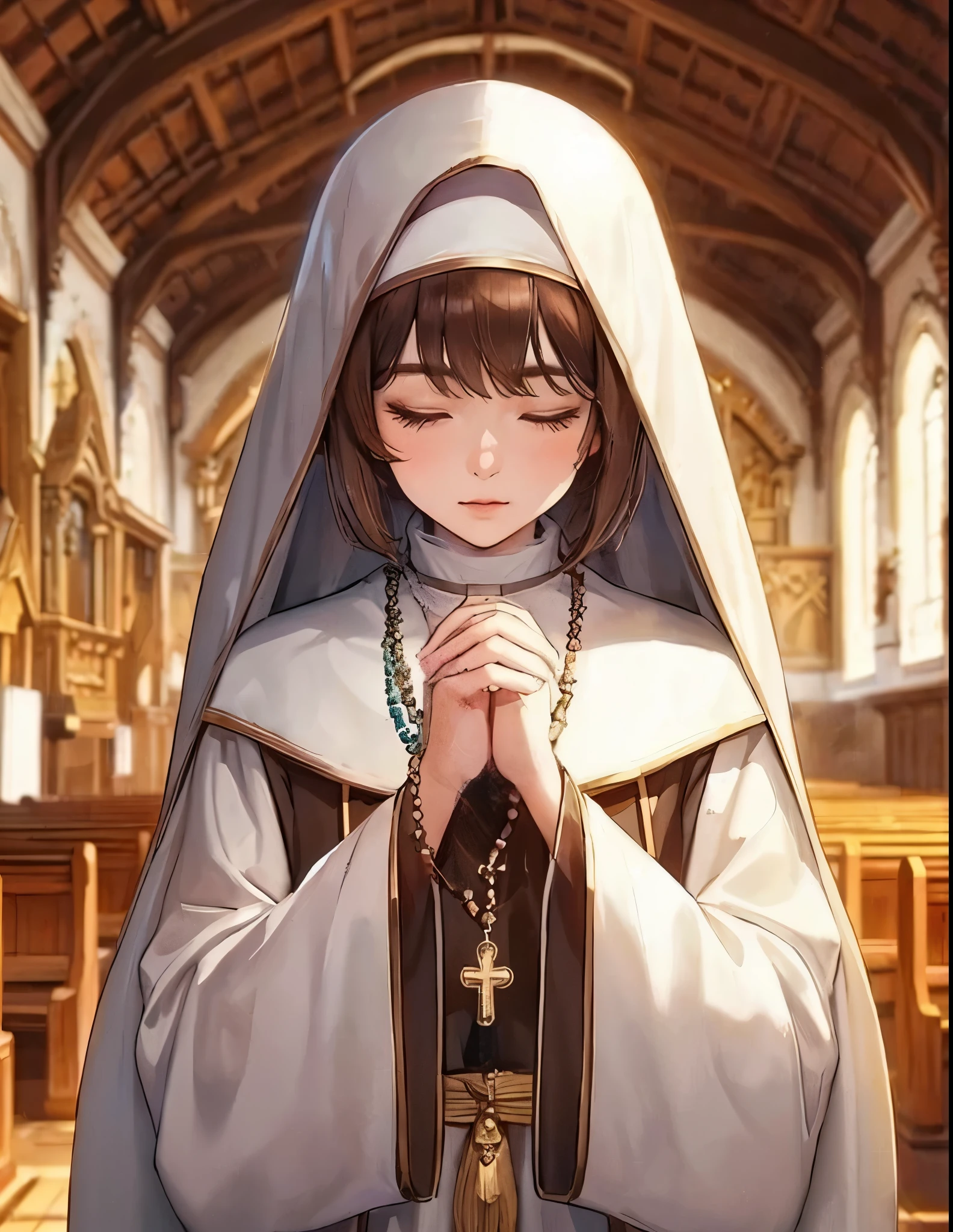 1lady solo, praying, (bringing hands together:1.2), (nun outfit), wimple, mature female, /(brown hair/) bangs, (eyes lightly closed), (light smile:0.6), (masterpiece best quality:1.2) delicate illustration ultra-detailed BREAK (holding rosary:1.2), (cross:1.2), (rosery hanging from neck), beads string BREAK ((modest chapel:1.2) in monastery), indoors, noon, detailed background