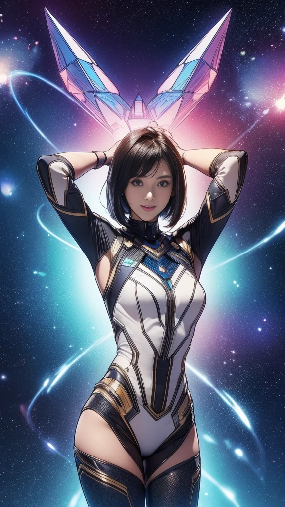 (original photo, best quality), (actual, photorealism:1.3), 1 girl, bob cut、earrings、Smile、actualbody,old space costume、ancient、rock、ancientの儀式、Pyramid shaped UFO flying from space、laser light、 (( Japanese girl)), ((armpit hair、armpit hairを見せる、raise arms、armpit))