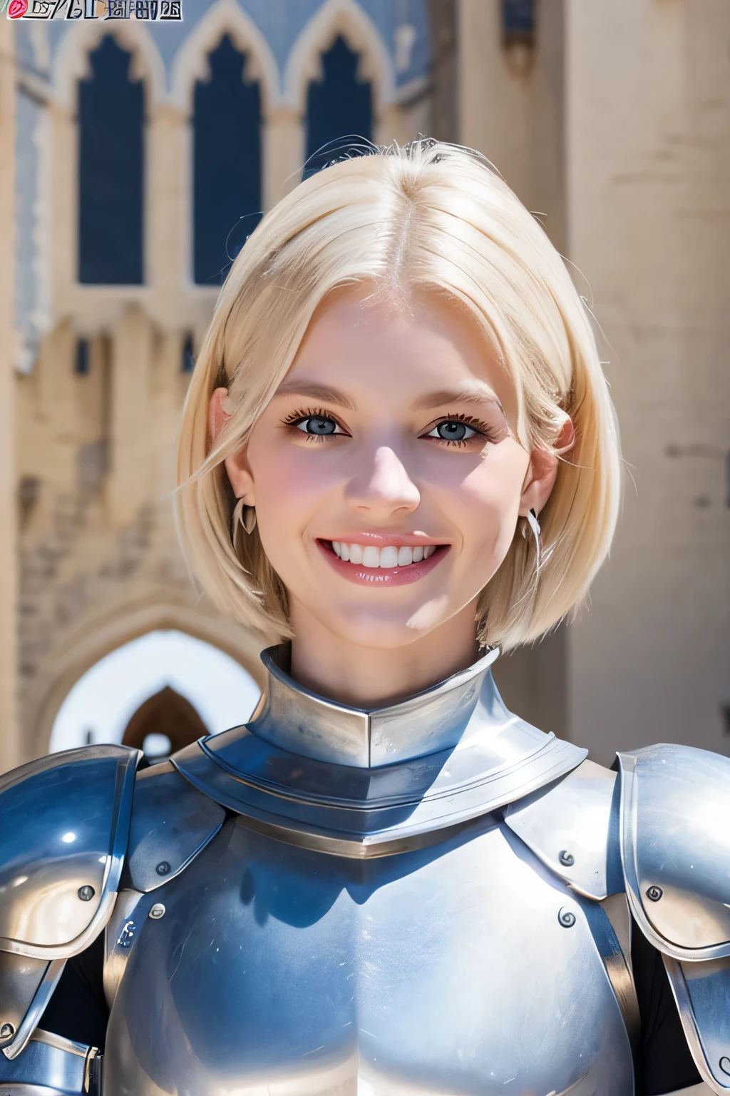 ８Ｋ、highest quality、female knight、Luxurious Silver Armor、hairstyle short cut、smile、beautiful teeth、full body photo、ear piercing、blonde、white woman、blue eyes、heavy makeup、The background is the interior of a castle.

