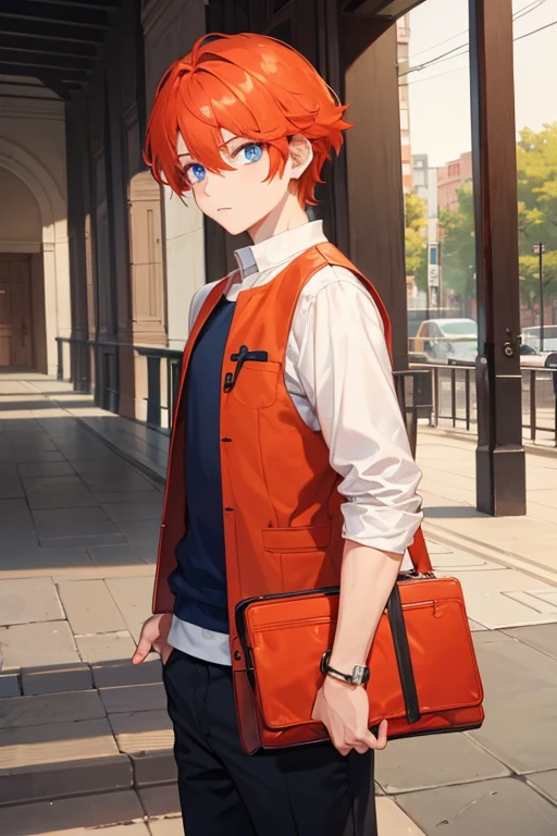 1boy, orange red hair with medium length, blue eyes, stylish clothes