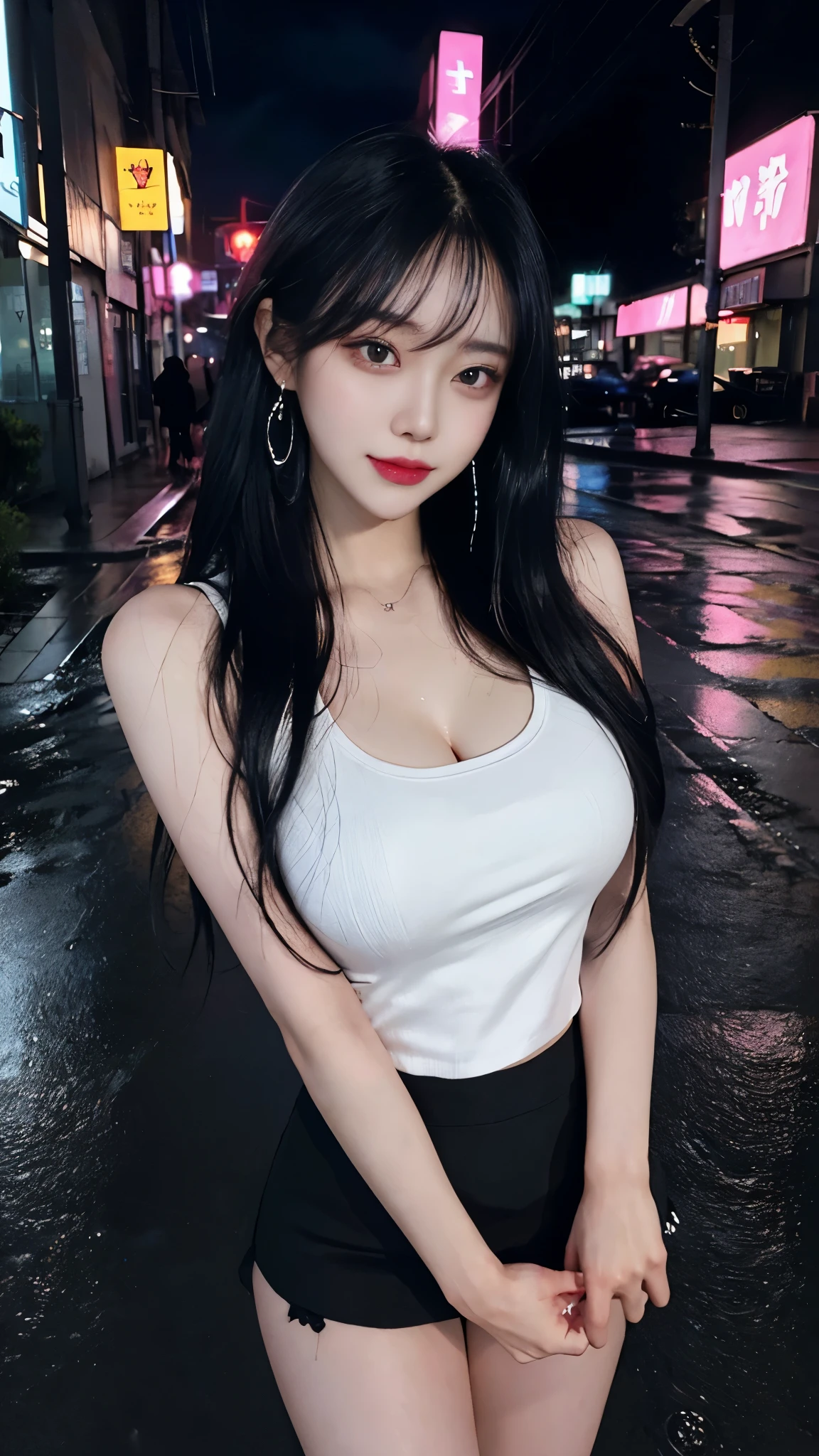 cyber punk, highest quality, masterpiece, figure, realistic, photo-realistic, wonderful, finely, Super detailed, High resolution, very detailed, Unity 8k wallpaper, Full shot of a beautiful young woman with Korean features resembling a popular actress. black tank top, black mini skirt, white sneakers, normal chest, Thin, Her exposed skin glistens with droplets from a heavy rain. She has pink and bluish eyeshadow, bangs,medium hair, head, and arms. standing and looking at me。A confident expression, The background is a neon-lit night cityscape., alley, Heavy rain and puddles reflecting. Uses ray tracing and volumetric lighting.
narrow eyes, elongated eye shape, Three white eyes, evil smile, evil look, very slender and beautiful legs, Beautiful very thin thighs, earrings,