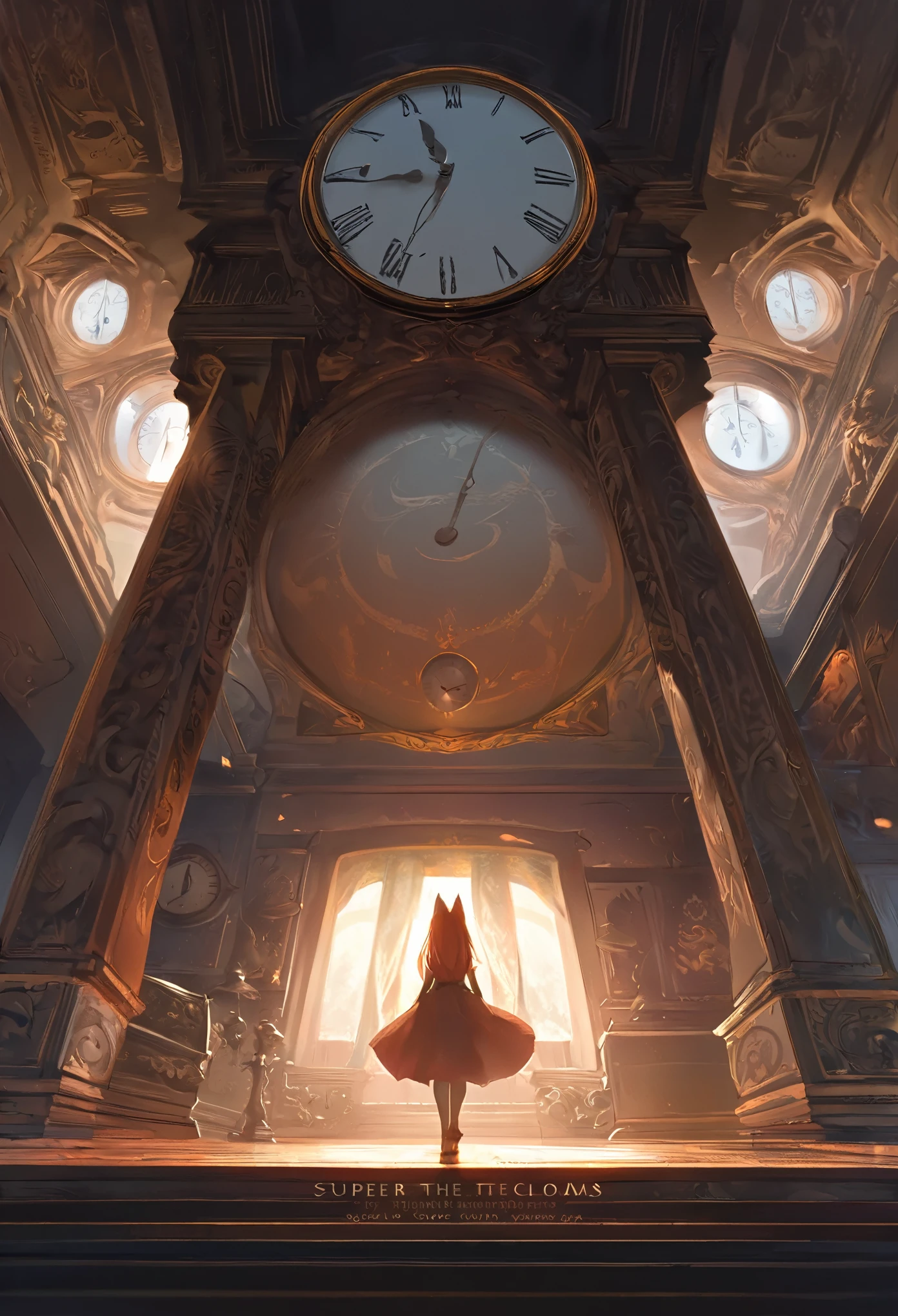 cover page, highres, top quality, best quality, paid reward available, unparalleled masterpiece, perfect artwork, absurdres, High-quality illustrations, super high resolution, detailed background, perfect anatomy(1girl, kemono, furry anthro, fearless smile, reach for the clock) in room with clock, fantasy artwork, cinematic lighting, Backlight,