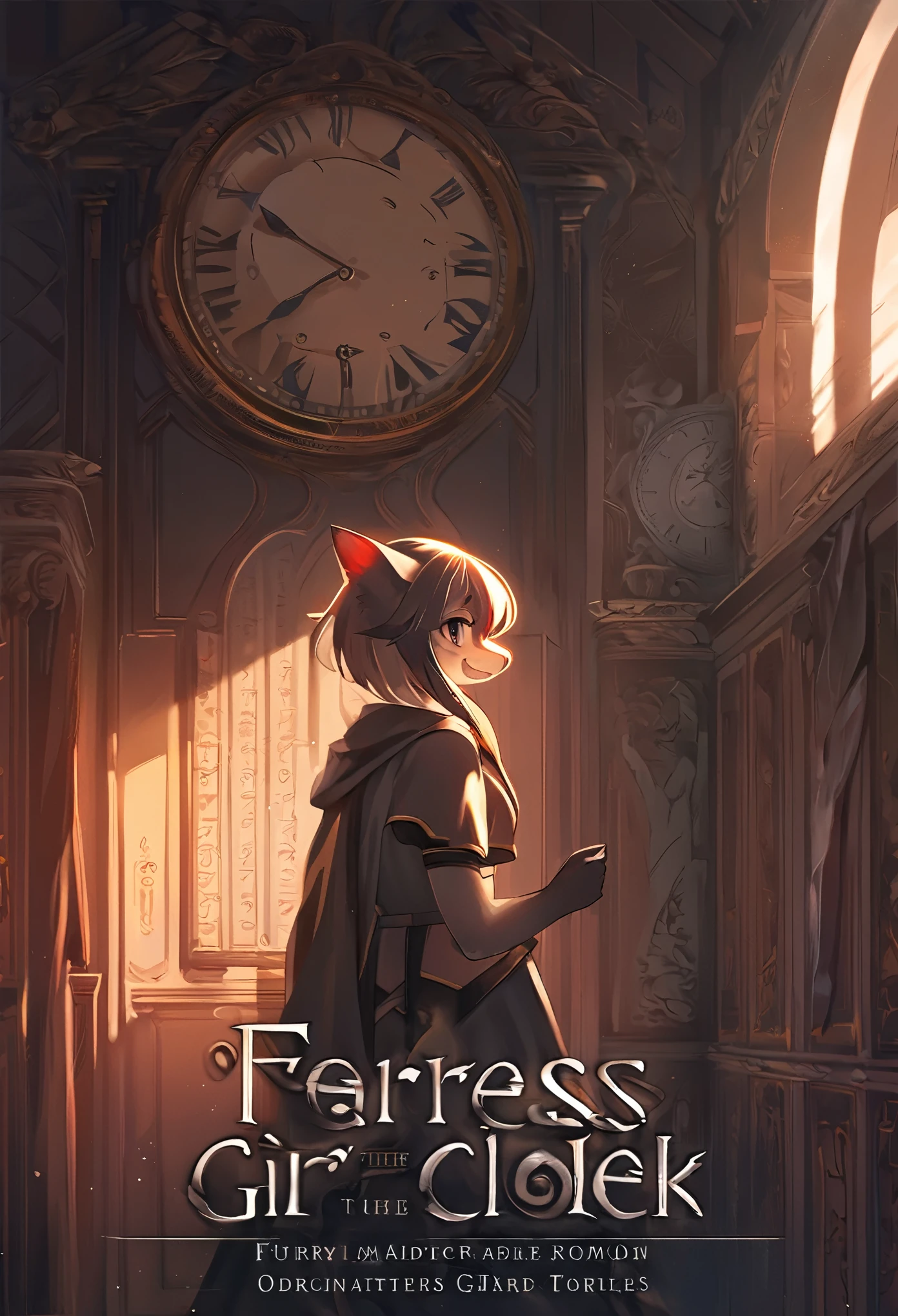 cover page, highres, top quality, best quality, paid reward available, unparalleled masterpiece, perfect artwork, absurdres, High-quality illustrations, super high resolution, detailed background, perfect ???????(1girl, kemono, furry anthro, fearless smile, reach for the clock) in room with clock, fantasy artwork, cinematic lighting, Backlight,