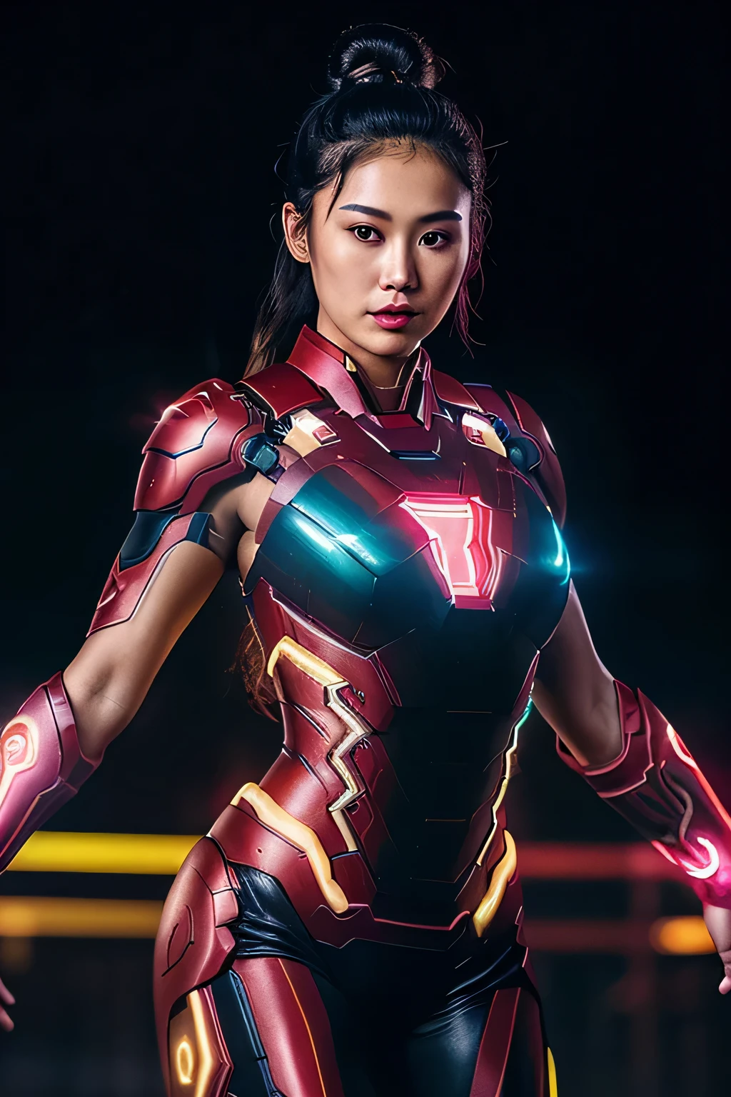(Sexy black long bun hair with Red and yellow neon lighting:1.2),(close-up photo:1.2) Best image quality, Masterpiece, Ultra-high resolution, (Fidelity:1.4), ((Ironman)), asian cute girl, deep cleavage, large breasts,  ironman outfit, Futuristic, ((Award-winning ultra-realistic photos))，(Hyper-detailing），(Complicated details），(High resolution CGI artwork 8k), LED light, atmospheric lighting, illuminated by neon lights, full body view, highly detailed face, perfect face:1.5, highly detailed eyes, highly detailed lips, perfect lips:1.5, highly detailed body, 