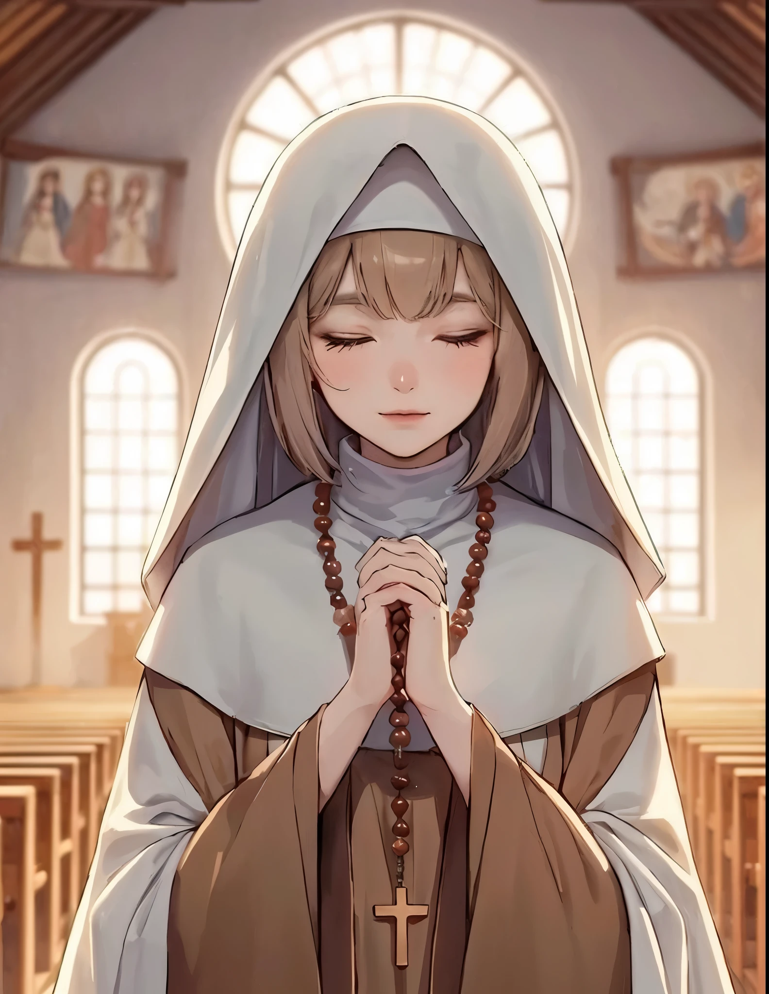 1lady solo, praying, (bringing hands together:1.2), (nun outfit), wimple, mature female, /(beige hair/) bangs, (eyes lightly closed), (light smile:0.6), (masterpiece best quality:1.2) delicate illustration ultra-detailed BREAK (holding rosary:1.2), (cross:1.2), (rosery hanging from neck), beads string BREAK ((modest chapel:1.2) in monastery), indoors, noon, detailed background