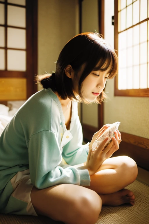 A super beautiful Japanese woman playing with a kitten