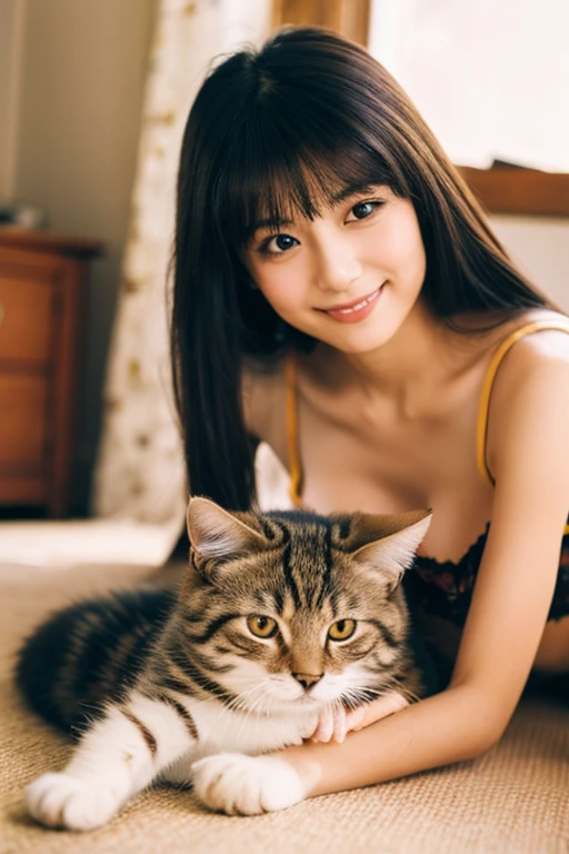 A super beautiful Japanese woman playing with a kitten