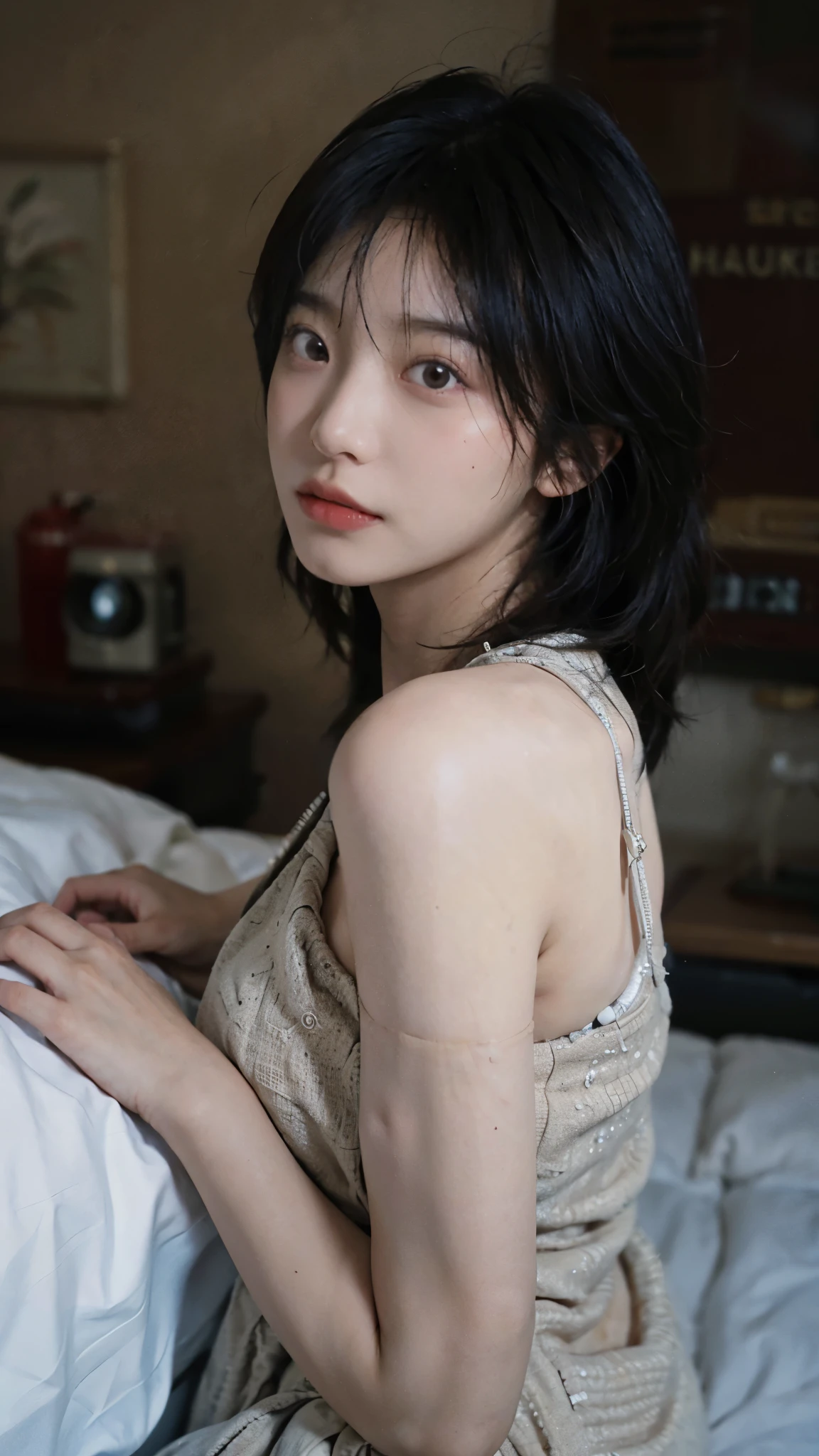 8K,highest quality, masterpiece, ultra high resolution, (realistic:1.4), Raw photo, (real skin texture:1.3), (film grain:1.3),1 girl,Beautifully detailed eyes and face,masterpiece, highest quality, 24mm, girl,simple,brown eyes,Bed,Emotional,half up