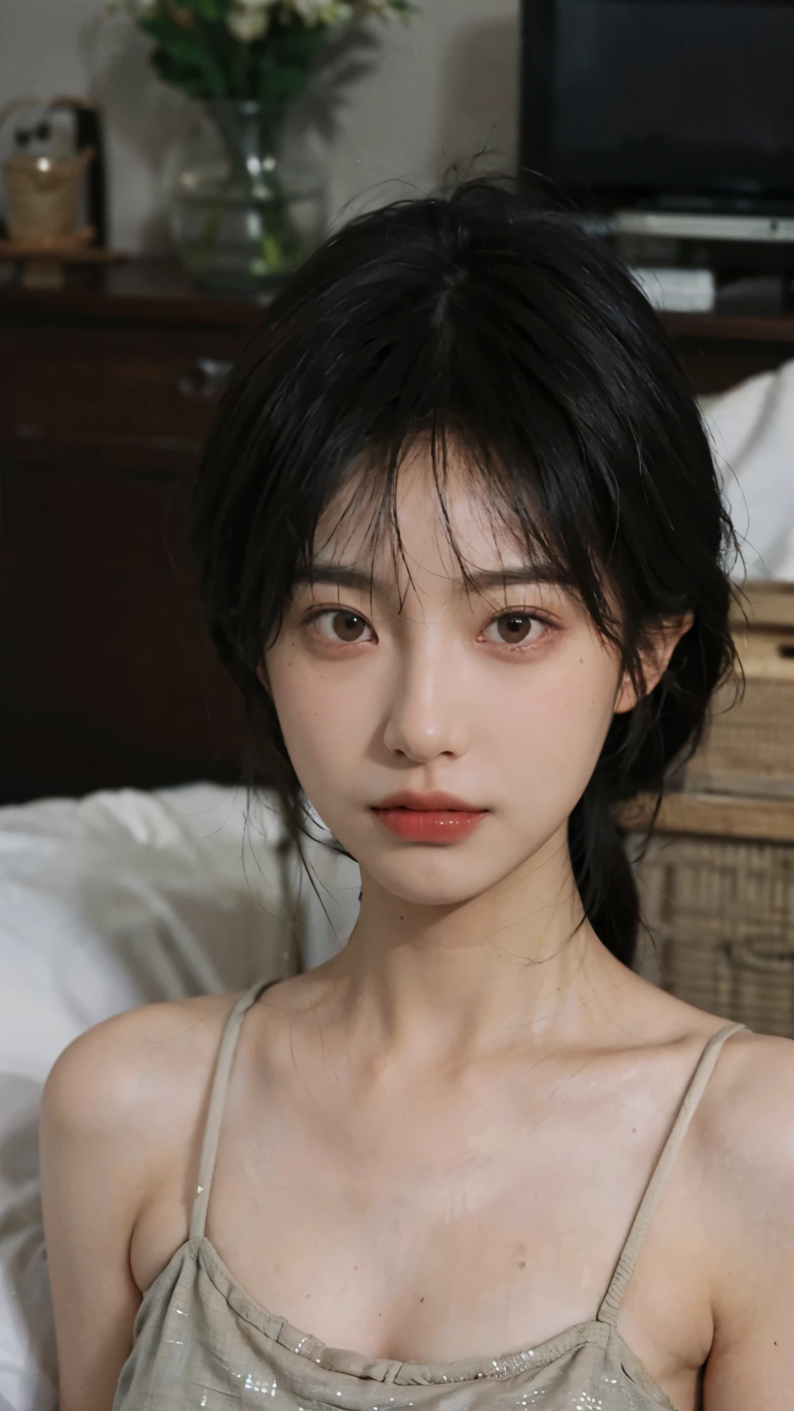 8K,highest quality, masterpiece, ultra high resolution, (realistic:1.4), Raw photo, (real skin texture:1.3), (film grain:1.3),1 girl,Beautifully detailed eyes and face,masterpiece, highest quality, 24mm, girl,simple,brown eyes,Bed,Emotional,half up