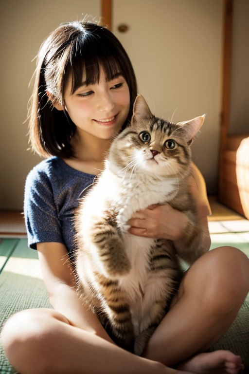 A super beautiful Japanese woman playing with a kitten
