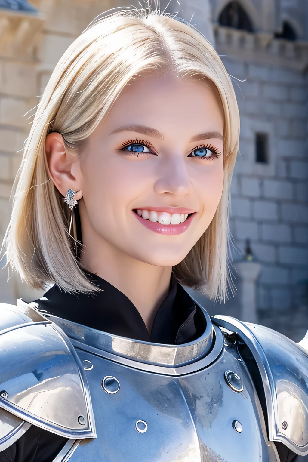 8K、highest quality、female knight、Luxurious Silver Armor、、hairstyle short cut、smile、beautiful teeth、full body photo、ear piercing、blonde、white woman、blue eyes、heavy makeup、The background is the interior of the castle..
