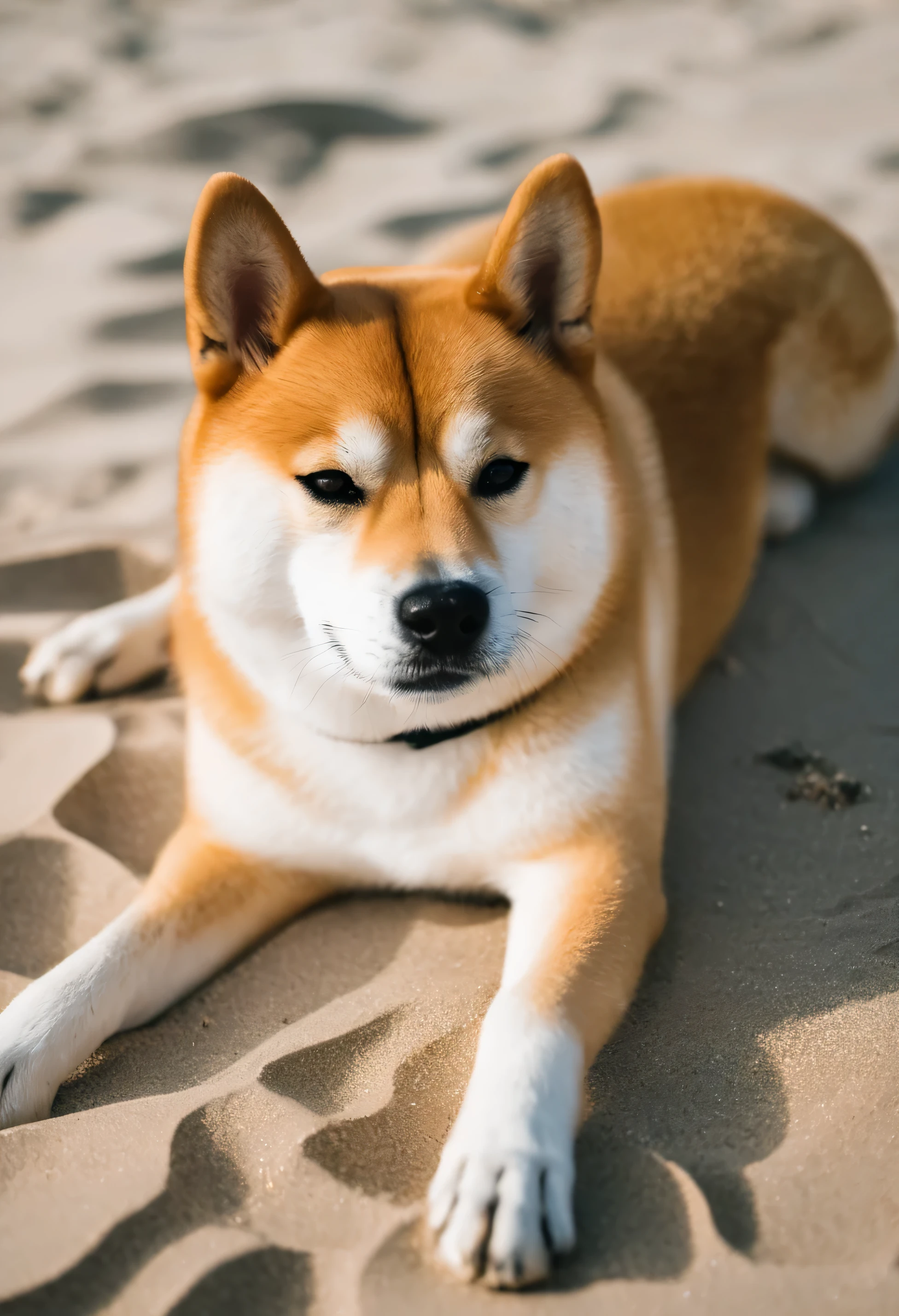 shiba lying on a sand