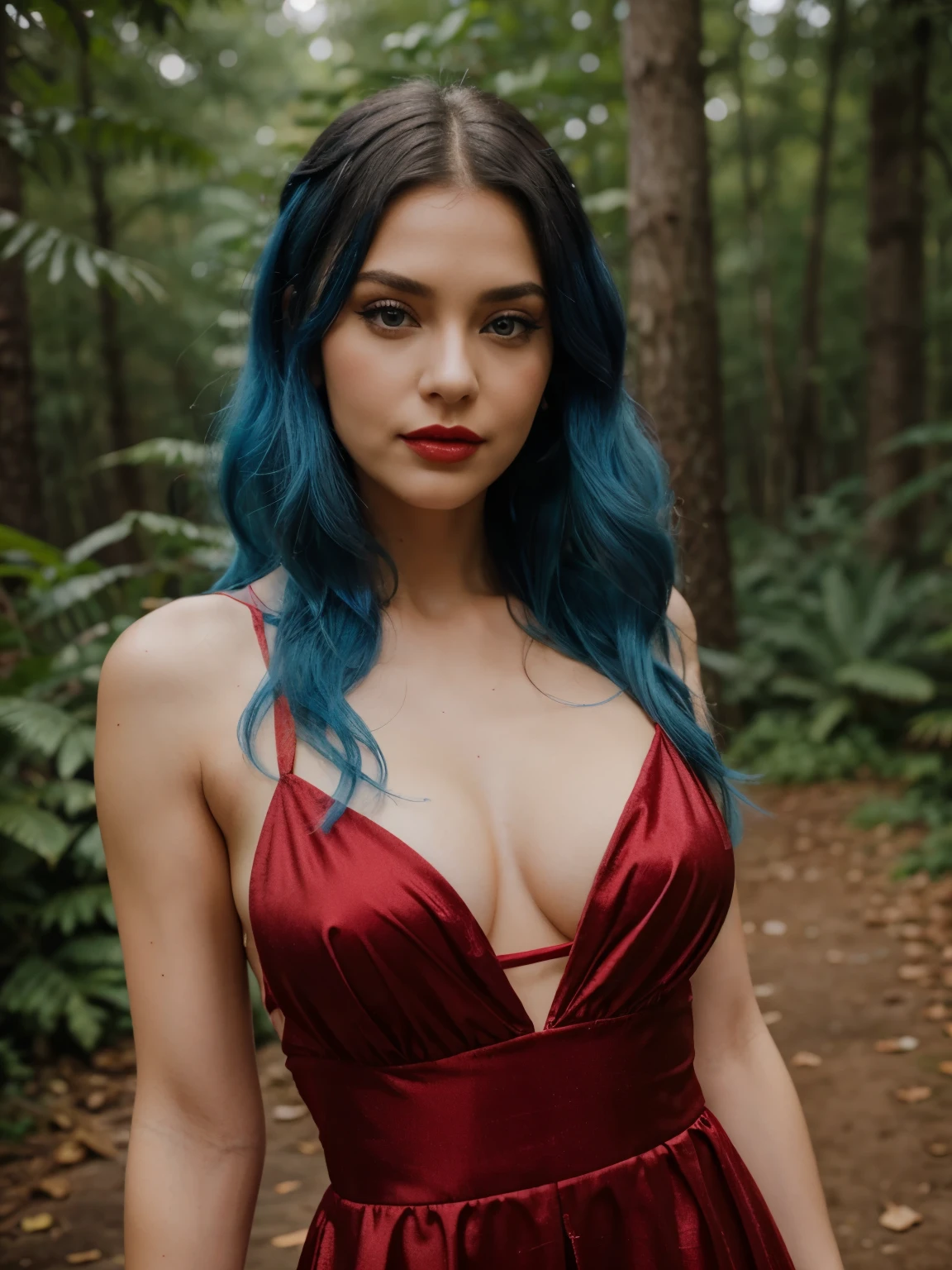 Extremely specific 4K photography of a woman with Chanel blue hair, black eyes, seductive gaze and soft smile, red lipstick on her lips, golden accessories, wearing a long red dress at a forest wedding.