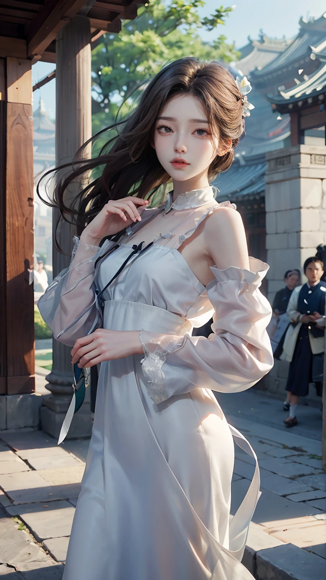 ( best quality、8K、masterpiece、Practical：1.3 )、 1 female、( A garden with a classic and famous castle as the background )、( Very high quality dark background : 1.2)、Natural bright sunlight、Blue sky、Brown hair tied up、Beautiful Women in Perfect Shape: 1.4、Highly detailed face and skin textures、Delicate eyes、Double eyelids、far away : 1.2 、I can see the whole body、White maid、White maid头带、Ruffled shirt、Ribbon Tie、apron、High heel 、 ( Skirt lift show : 1.3 )