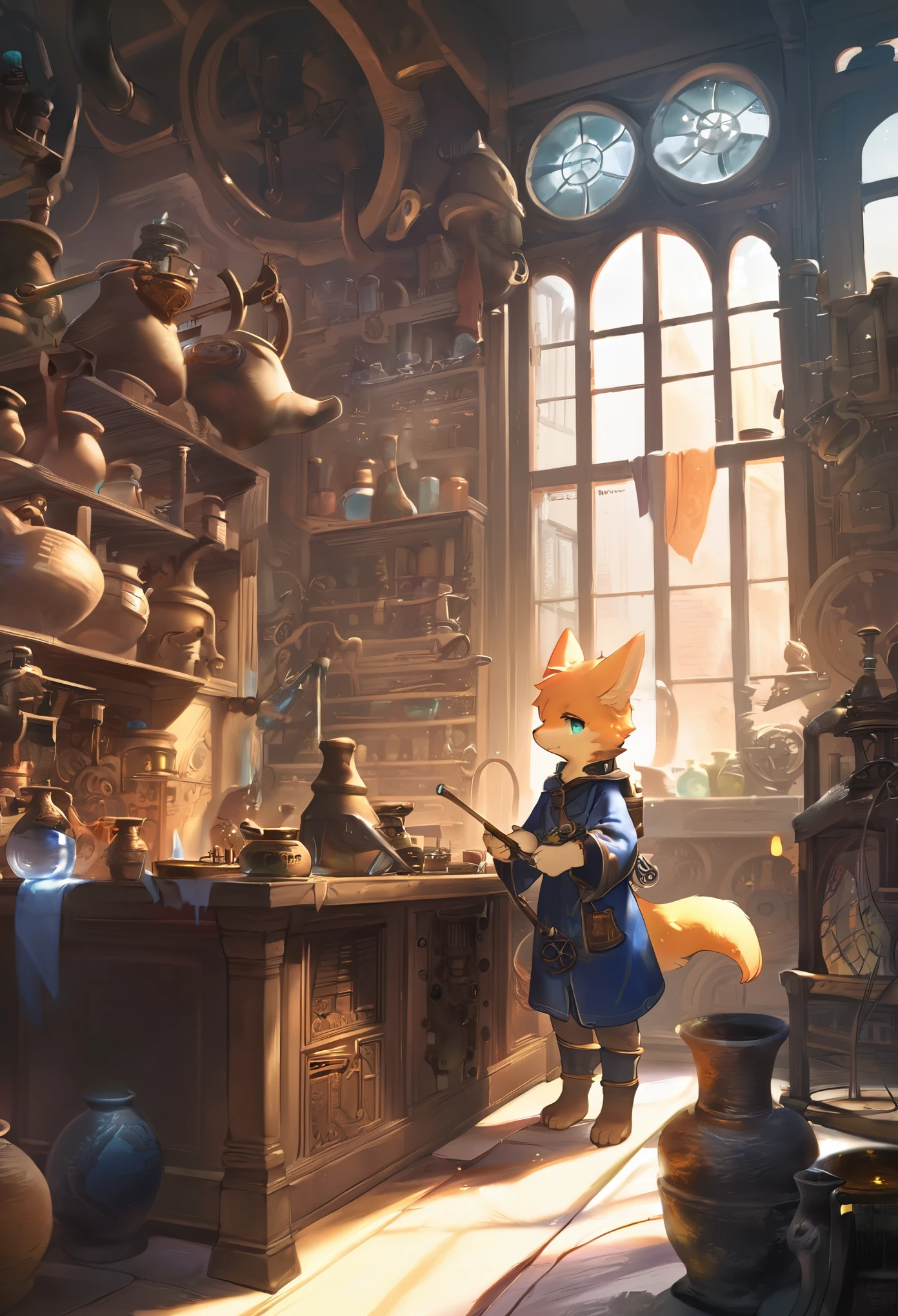 cover page, highres, top quality, best quality, paid reward available, unparalleled masterpiece, perfect artwork, absurdres, High-quality illustrations, super high resolution, detailed background, perfect anatomy(1boy, solo, kemono, furry anthro, alchemist, Experimenting)many pottery, in room with many windows, in cluttered lab, in steampunk laboratory, fantasy alchemist laboratory, weapon shop interior, cinematic lighting,