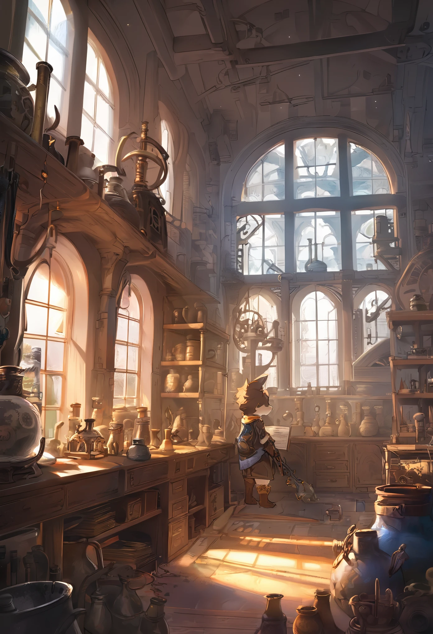cover page, highres, top quality, best quality, paid reward available, unparalleled masterpiece, perfect artwork, absurdres, High-quality illustrations, super high resolution, detailed background, perfect anatomy(1boy, solo, kemono, furry anthro, alchemist, Experimenting)many pottery, in room with many windows, in cluttered lab, in steampunk laboratory, fantasy alchemist laboratory, weapon shop interior, cinematic lighting,