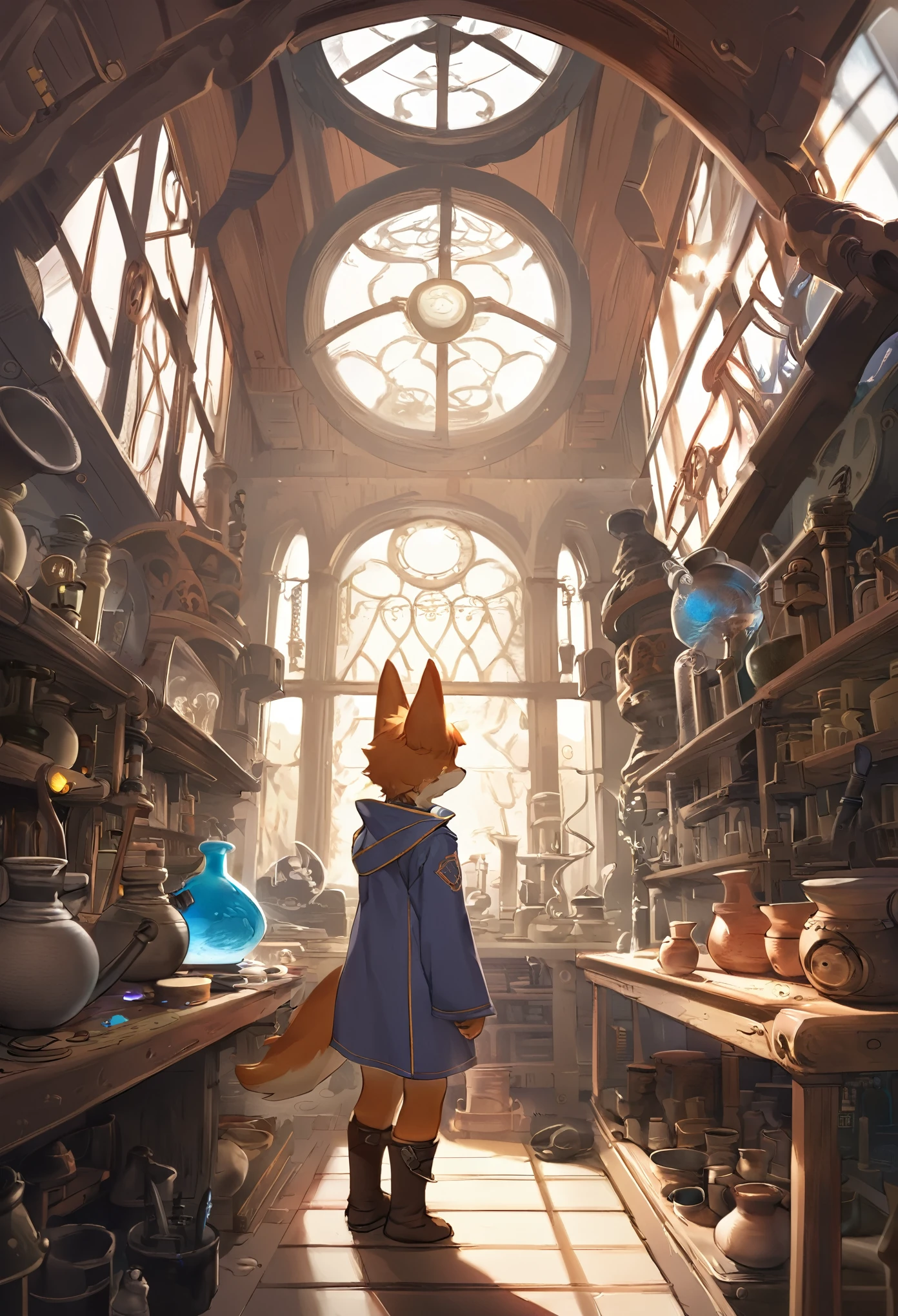 cover page, highres, top quality, best quality, paid reward available, unparalleled masterpiece, perfect artwork, absurdres, High-quality illustrations, super high resolution, detailed background, perfect anatomy(1boy, solo, kemono, furry anthro, alchemist, Experimenting)many pottery, in room with many windows, in cluttered lab, in steampunk laboratory, fantasy alchemist laboratory, weapon shop interior, cinematic lighting,