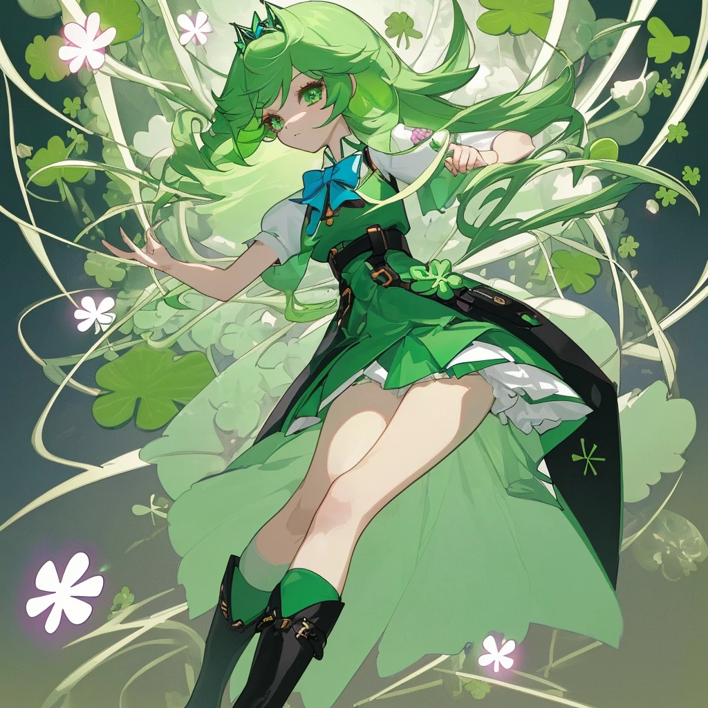 A girl who can do anything perfectly、Bright, energetic and kind to everyone。Like a clover, it's like good luck itself。The hair is、Her hair is longer than her shoulders and is a beautiful clover green at the base, turning a darker green at the tips.。She's a princess who is rich but never shows it off。The clothes are、He was wearing a short-sleeved shirt underneath his jacket.、She is wearing a knee-length skirt that is open at the front and boots that are tied with a bow.。