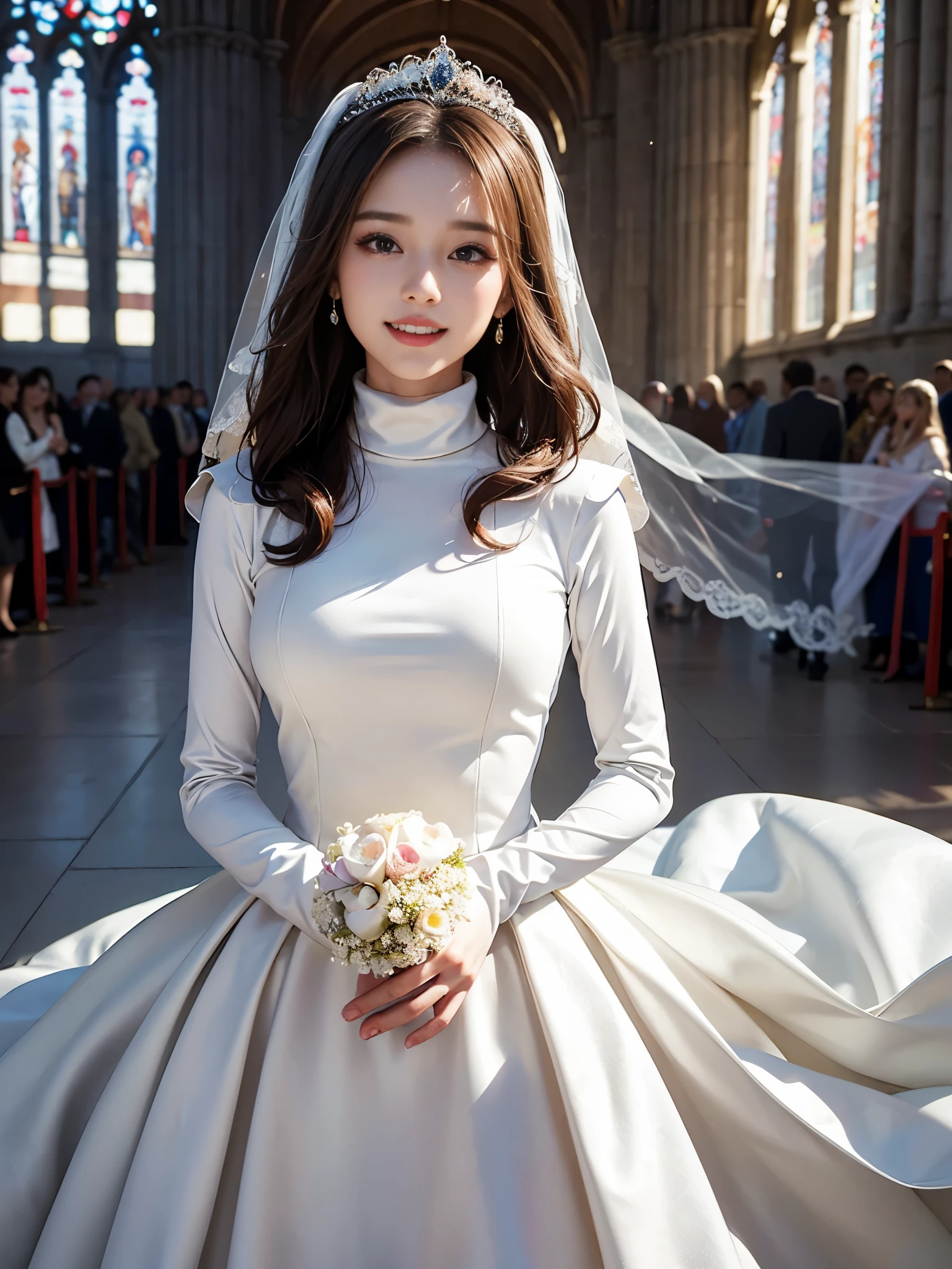 best quality, masterpiece, 1 girl, huge laugh, cute , shiny lips, sweet, sun glare, Conservative attire, turtleneck wedding dress, bridal tiara, depth of field, blurred background, Cathedral Background, light particles, strong wind, head tilt