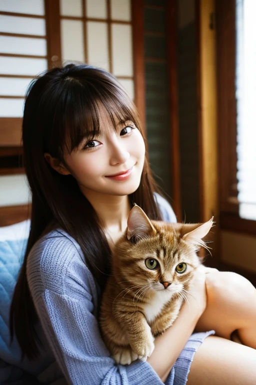 A super beautiful Japanese woman playing with a kitten