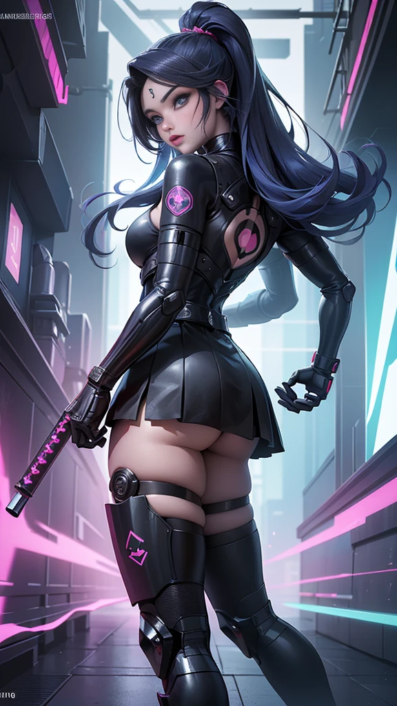(rear view, backside view),Ariana Grande cyborg, Cybersamurai, desnudo, Cabello largo, ojos azules, cabello negro, pechos grandes, escote, muslos anchos, Science-Fiction, ciborg:1.4, cyberpunk,( fondo negro brilla: 1.25),More detailed 8K.motor irreal:1.4,UHD,La mejor calidad:1.4, fotorrealista:1.4, textura de la piel:1.4, obra maestra:1.8,obra-prima, mejor calidad,objeto Objeto], (detailed face features:1.3),(Ojos hermosos azules :1.4 ),(Perfect anatomy),lingerie sexy pink,(Cybersamurai white:1.4),(fondo ciudad Tokio cyberpunkAI colors:1.4) ,(convexo Dedos detallados), (  cyborg),(Pieza maestra:1.2), (mejor calidad:1.2),(Pieza maestra:1.2), (mejor calidad:1.2),(miniskirt ciborg:1.4), (panties ciborg), (background laboratory station chemical:1.4) 