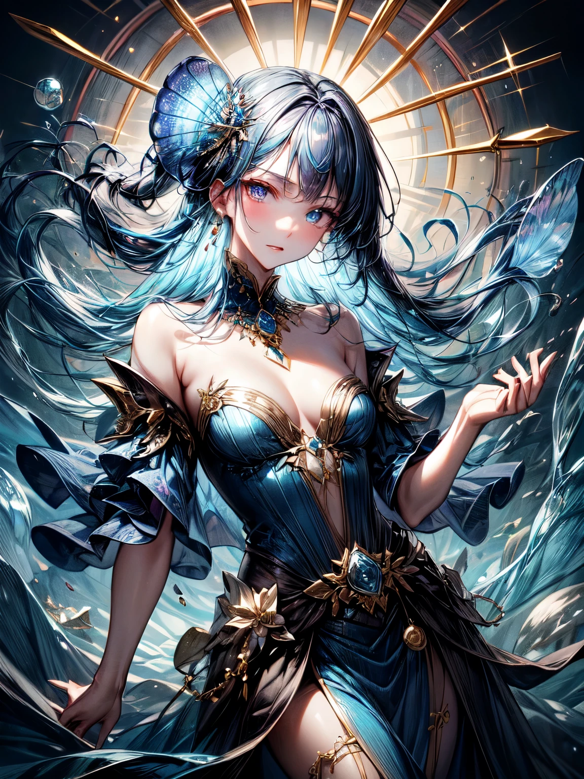 Best quality, Mastery, detailed hair, A high resolution, (((quickly))) ,necklace, hair ornament, (Beautiful face), blue dress, I look at the viewer, blue hair, standing, （above the waist），jellyfish