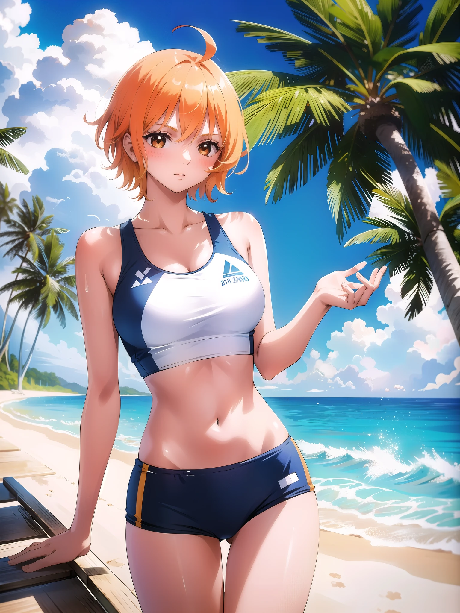 1girl, very short hair, bangs, ahoge, skinny, (tanned), orange hair, semi-realistic, beach, sports swimsuit, dappled sunlight, coconut tree, 
masterpiece, best quality, intricate,   bang-you