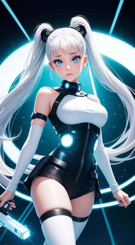 Ponytail full body internet girl. ariana grande face. The bright white color indicates that she is a cyber girl holding a white laser gun. white eyebrows. Clothes like cat outfits. She also has bright blue eyes. The environment is similar to a terminator. Hair is platinum blonde. One side of her face is illuminated by a bright blue. Like LEDs.  And the hands also have LED lights.