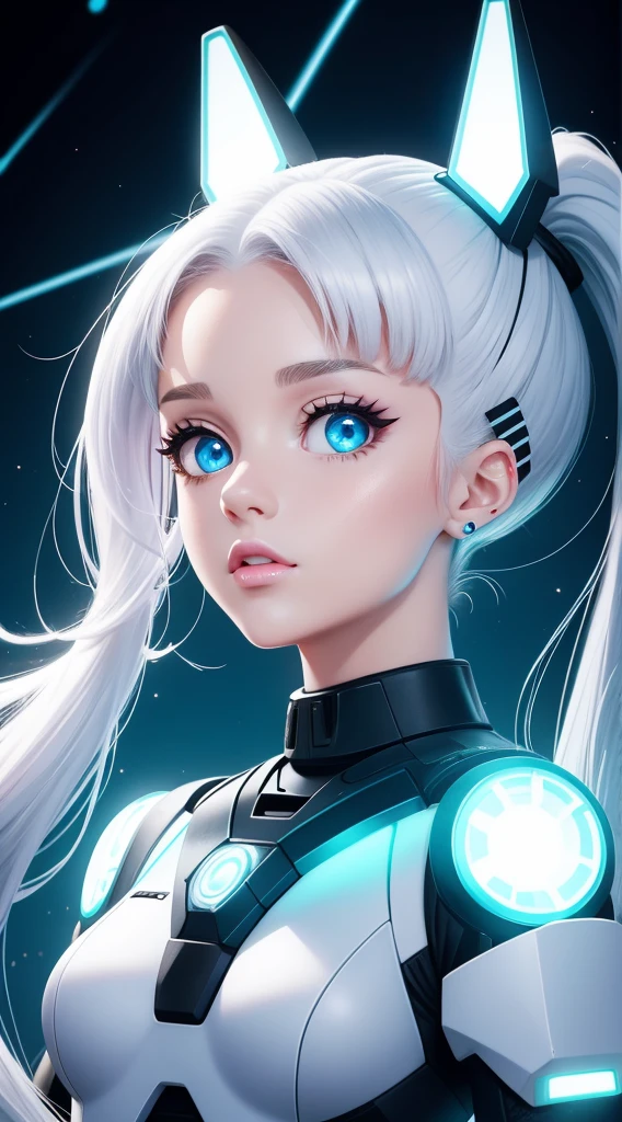 Ponytail full body internet girl. ariana grande face. The bright white color indicates that she is a cyber girl holding a white laser gun. white eyebrows. Clothes like cat outfits. She also has bright blue eyes. The environment is similar to a terminator. Hair is platinum blonde. One side of her face is illuminated by a bright blue. Like LEDs.  And the hands also have LED lights.