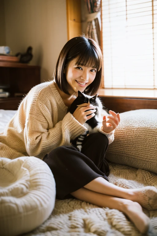 A super beautiful Japanese woman playing with a kitten
