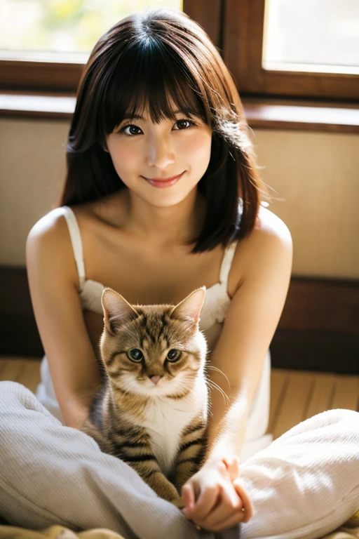 A super beautiful Japanese woman playing with a kitten