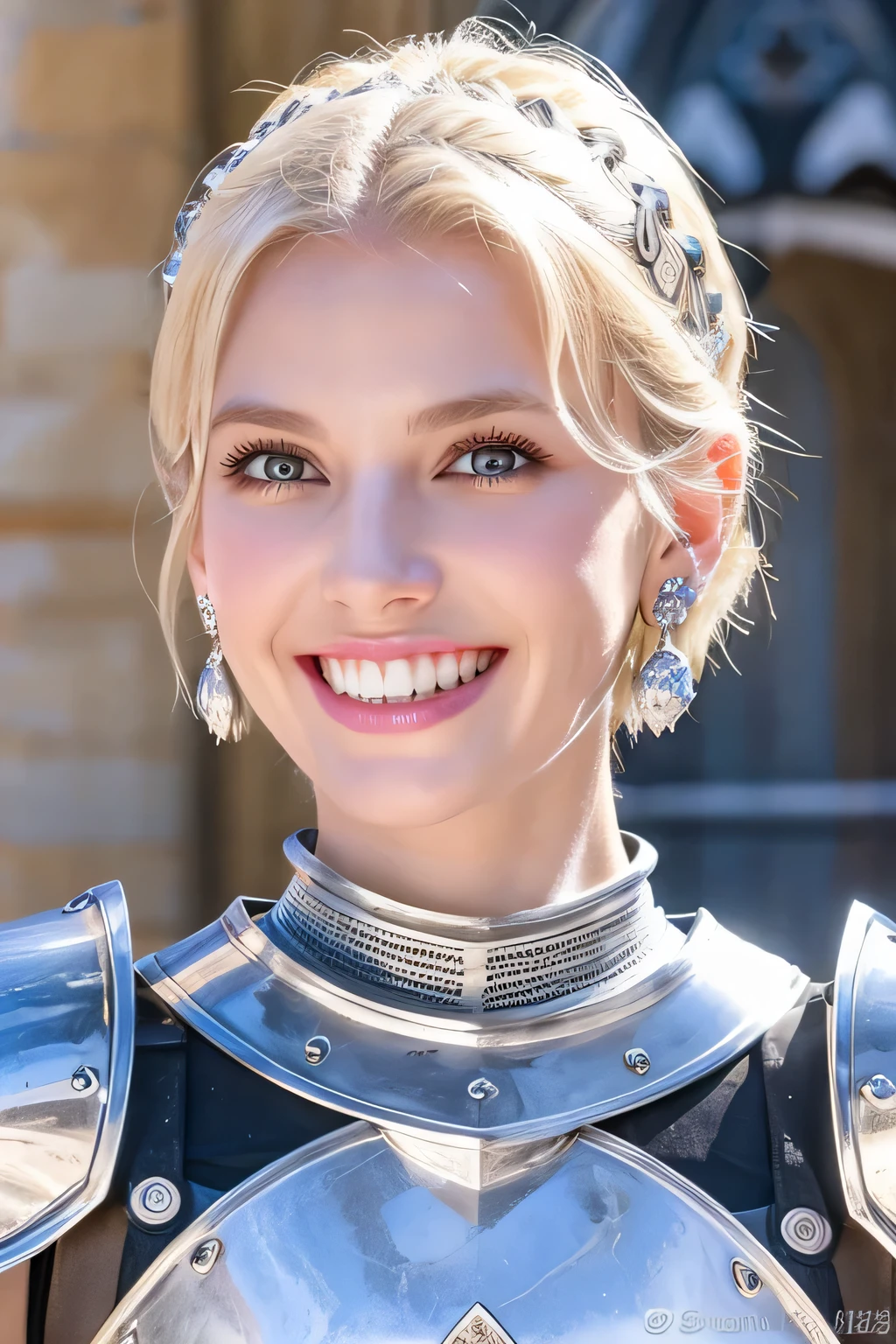 8K、highest quality、female knight、Luxurious Silver Armor、、hairstyle short cut、smile、beautiful teeth、full body photo、ear piercing、blonde、white woman、blue eyes、heavy makeup、The background is the interior of the castle..