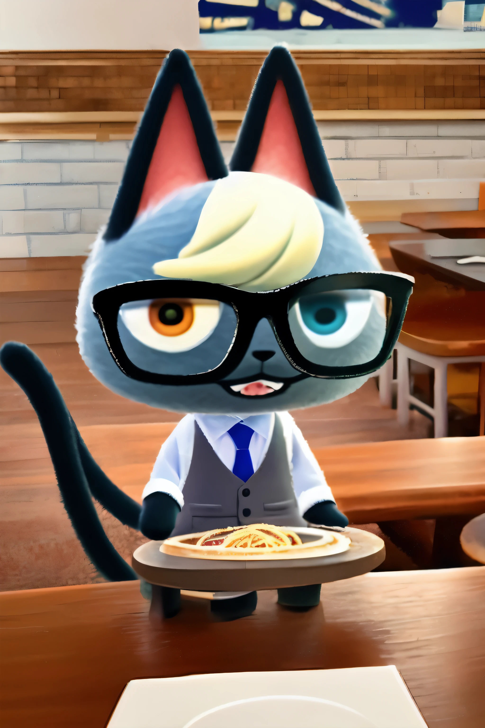 Raymond, 1 boy, alone, Chibi, straight, Upper body, heterochromia, :d, :3, tooth, Glasses, look down, sitting at the table, Chair, spaghetti, table cloth, candlestick, Silverware, (fine eyes, furry, gray fur:1.3), Cat ear, vest, white shirt, blue tie, cat tail, looking at the viewer, (fine fur, body hair:1.3), open your mouth, blonde hair, animal nose, detailed background, restaurant, 8K, HDR