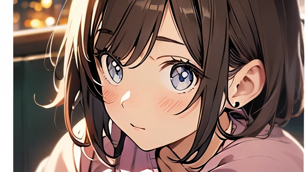 22 year old girl、brown hair、shortcut、cute、boyish、night、close up of face、Delighted、happy