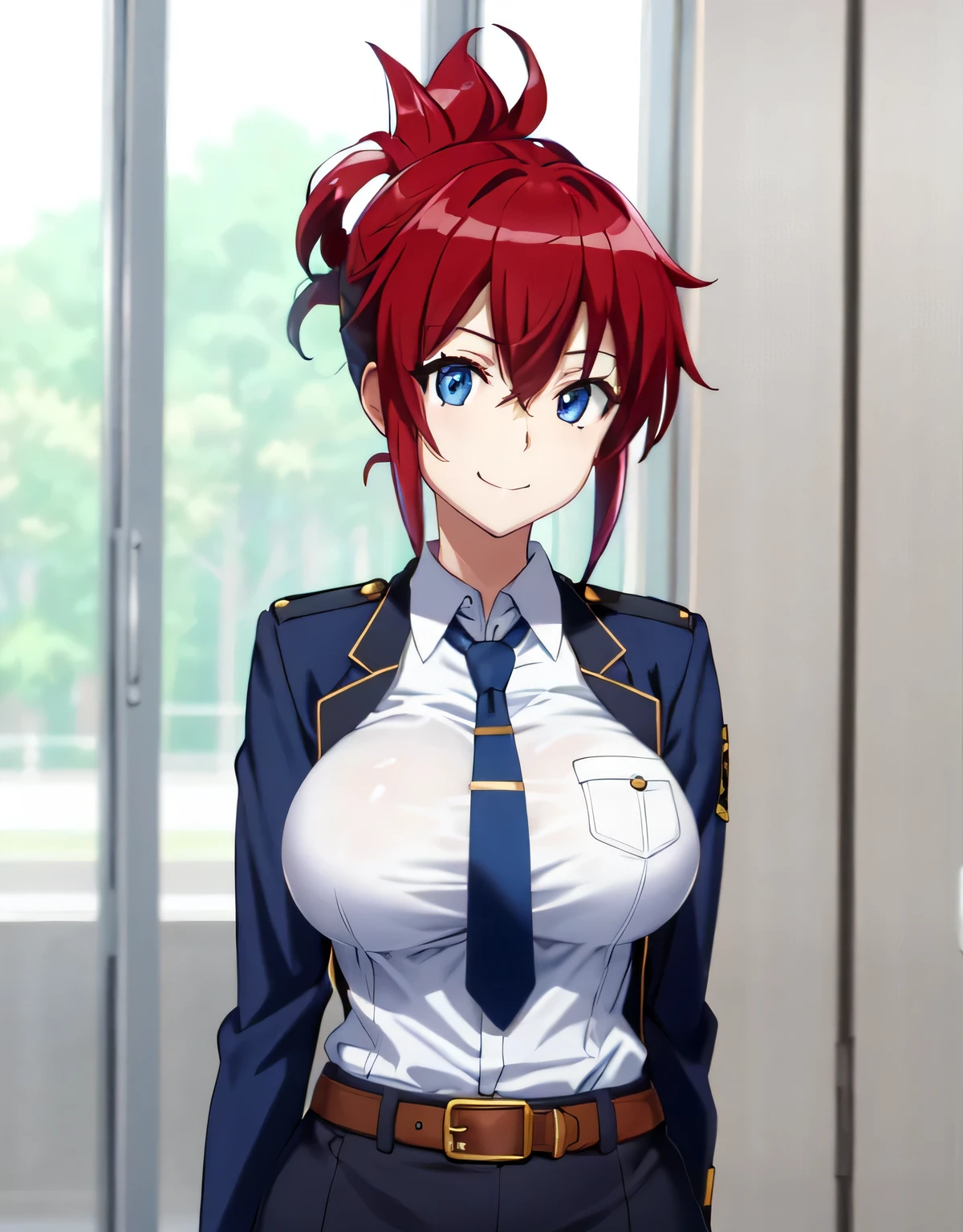 sakurai aoi rw,smile,(blue eyes),red hair,medium hair,folded ponytail,(open clothes:1.2),police uniform,blue jacket,collared shirt,green necktie,pencil skirt,blue skirt,belt,indoor arena,(large breasts:1.5),(shiny,hair),((solo)),((masterpiece)),((best quality)),perfect anatomy,slim waist,perfect image,8k UHD,(beautiful detailed eyes:1.5),extremely detailed face,standing,(upper body:1.2),(look at the front:1.4),arms behindback,ultra-detailed,absurdres,highres,