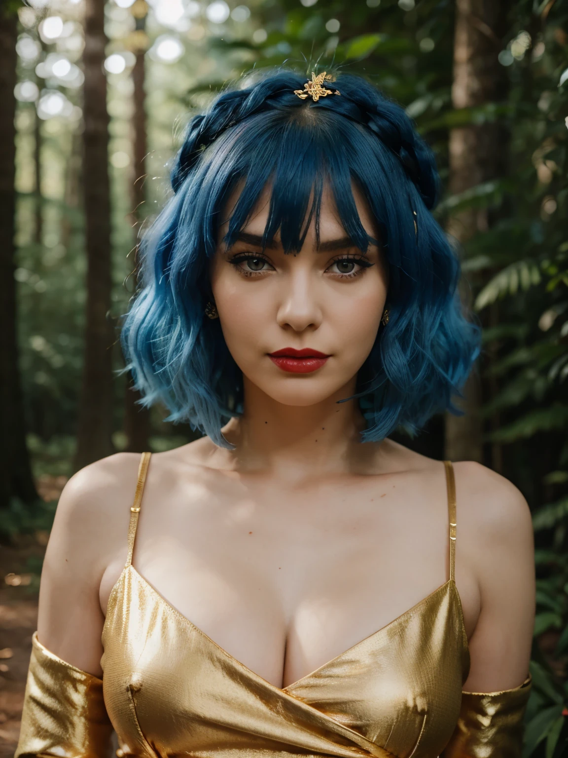 Extremely specific 4K photography of a woman with Chanel blue hair, black eyes, seductive gaze and soft smile, red lipstick on her lips, golden accessories, wearing a long red dress at a forest wedding.