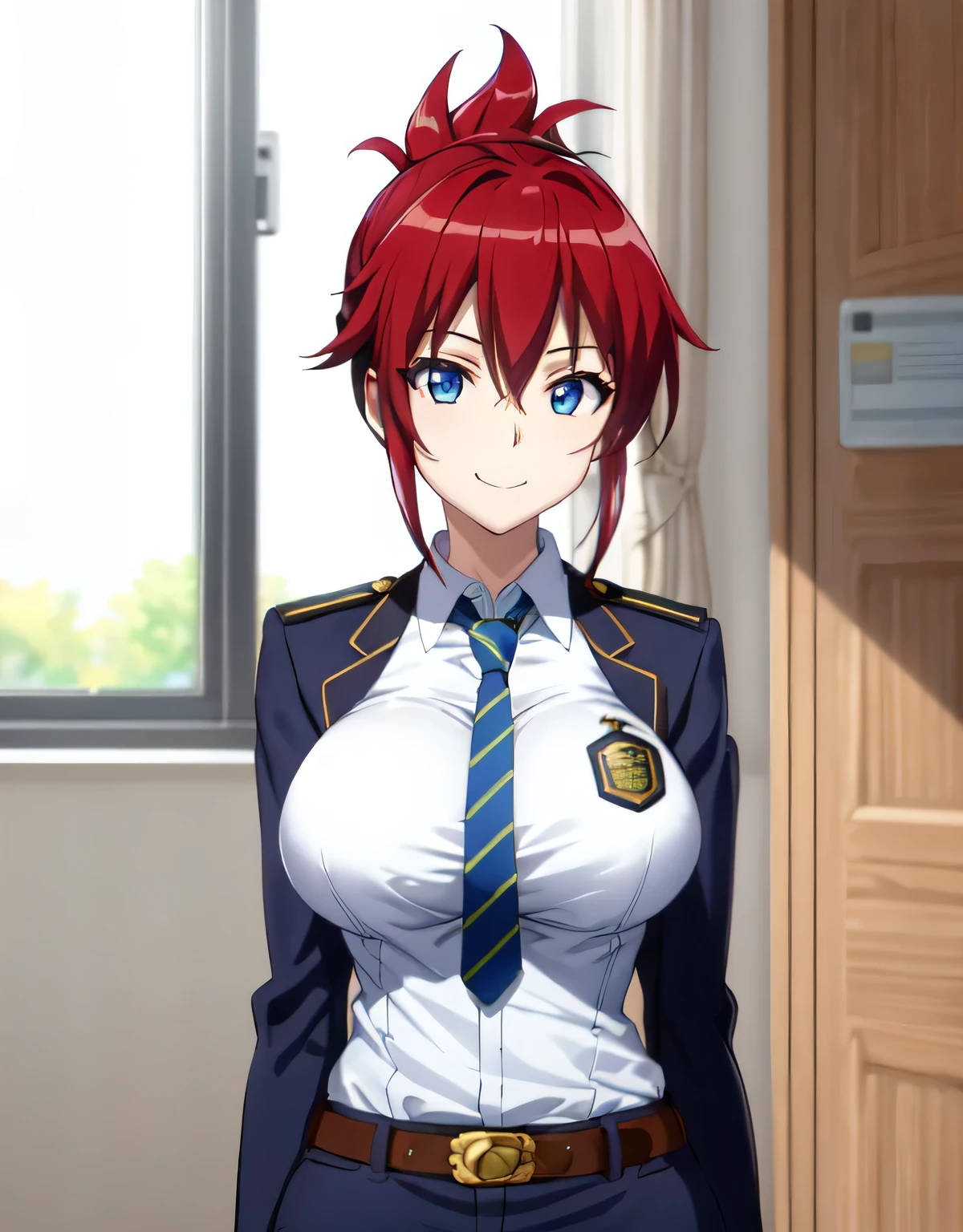 sakurai aoi rw,smile,(blue eyes),red hair,medium hair,folded ponytail,(open clothes:1.2),police uniform,blue jacket,collared shirt,green necktie,pencil skirt,blue skirt,belt,indoor arena,(large breasts:1.5),(shiny,hair),((solo)),((masterpiece)),((best quality)),perfect anatomy,slim waist,perfect image,8k UHD,(beautiful detailed eyes:1.5),extremely detailed face,standing,(upper body:1.2),(look at the front:1.4),arms behindback,ultra-detailed,absurdres,highres,