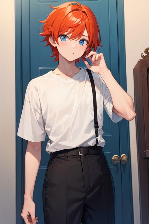 1boy, orange red hair with, medium length hair, blue eyes