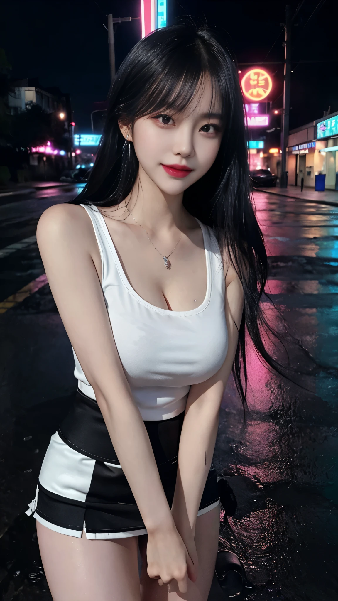 cyber punk, highest quality, masterpiece, figure, realistic, photo-realistic, wonderful, finely, Super detailed, High resolution, very detailed, Unity 8k wallpaper, Full shot of a beautiful young woman with Korean features resembling a popular actress. black tank top, black mini skirt, white sneakers, normal chest, Thin, Her exposed skin glistens with droplets from a heavy rain. She has pink and bluish eyeshadow, bangs,medium hair, head, and arms. standing and looking at me。A confident expression, The background is a neon-lit night cityscape., alley, Heavy rain and puddles reflecting. Uses ray tracing and volumetric lighting.
narrow eyes, elongated eye shape, Three white eyes, evil smile, evil look, very slender and beautiful legs, Beautiful very thin thighs, earrings,