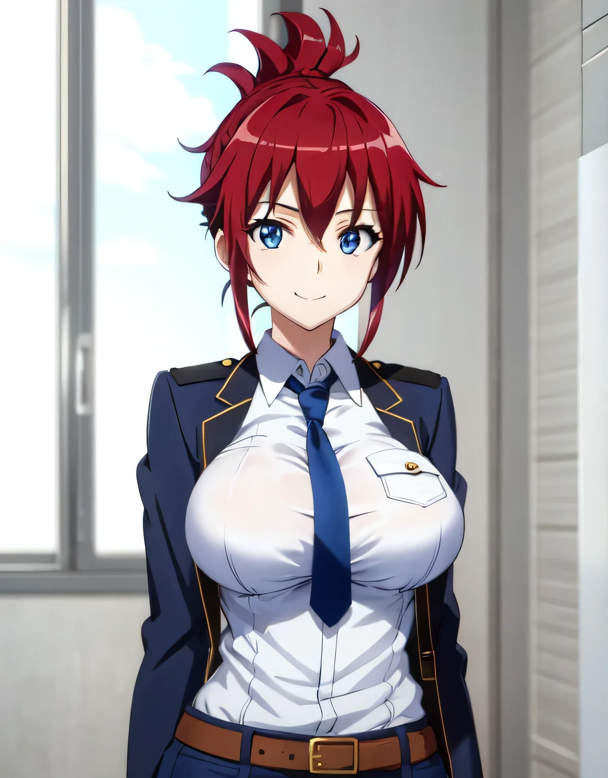 sakurai aoi rw,smile,(blue eyes),red hair,medium hair,folded ponytail,(open clothes:1.2),police uniform,blue jacket,collared shirt,green necktie,pencil skirt,blue skirt,belt,indoor arena,(large breasts:1.5),(shiny,hair),((solo)),((masterpiece)),((best quality)),perfect anatomy,slim waist,perfect image,8k UHD,(beautiful detailed eyes:1.5),extremely detailed face,standing,(upper body:1.2),(look at the front:1.4),arms behindback,ultra-detailed,absurdres,highres,