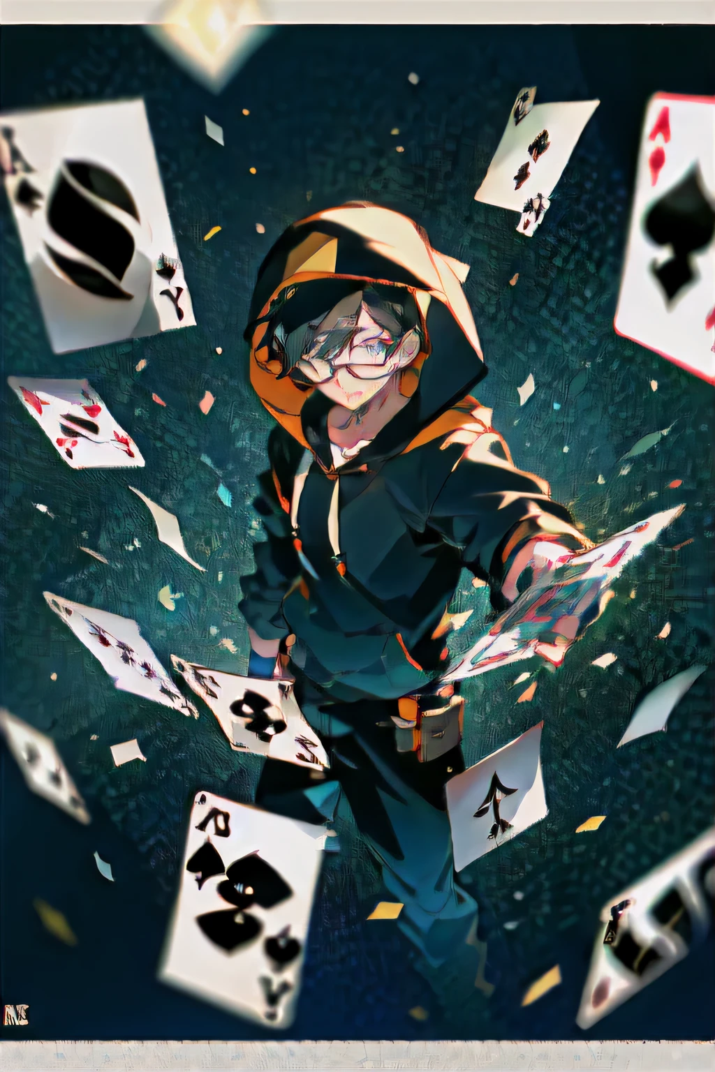 cool looking male character, , black hair, medium hair, glasses, (hoody, gamer look), (cards scattered on the screen, playing card)