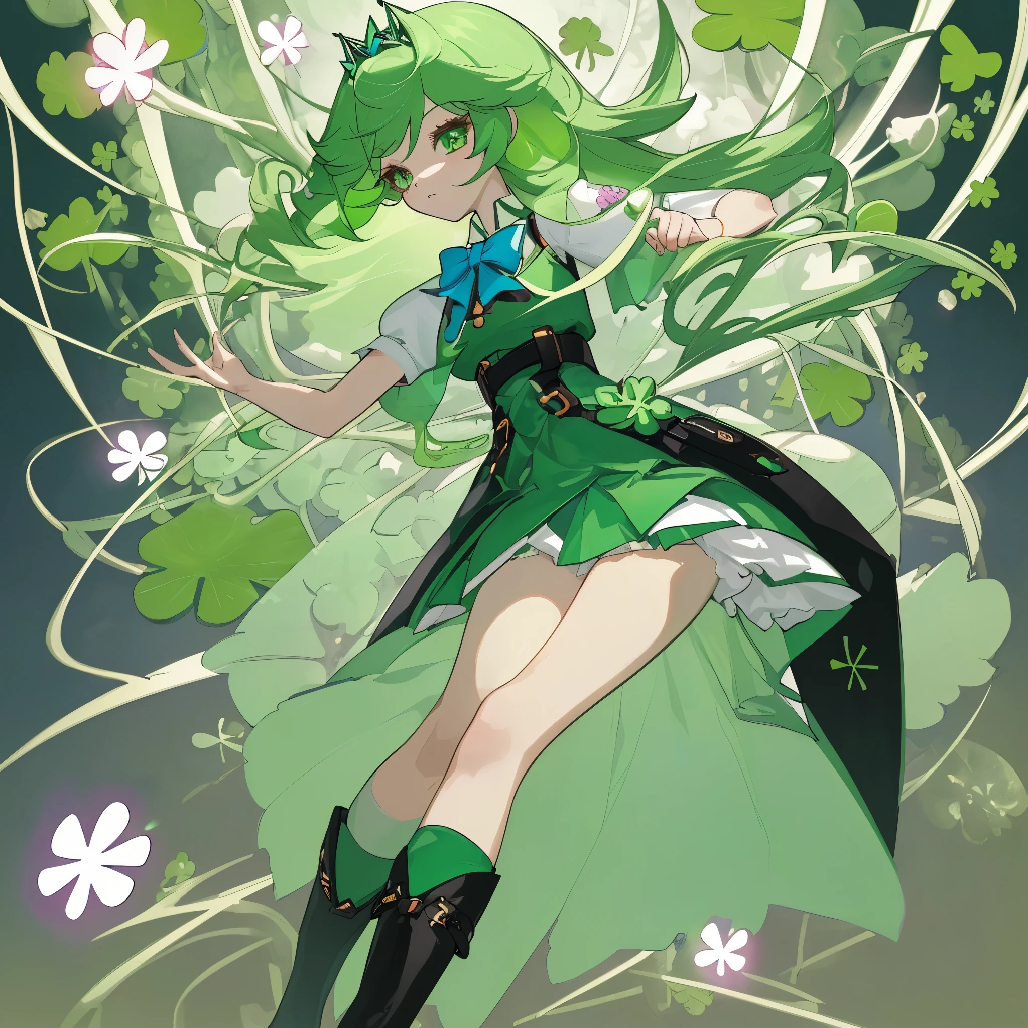 A girl who can do anything perfectly、Bright, energetic and kind to everyone。Like a clover, it&#39;s like good luck itself。The hair is、Her hair is longer than her shoulders and is a beautiful clover green at the base, turning a darker green at the tips.。She&#39;s a princess who is rich but never shows it off。The clothes are、He was wearing a short-sleeved shirt underneath his jacket.、She is wearing a knee-length skirt that is open at the front and boots that are tied with a bow.。
