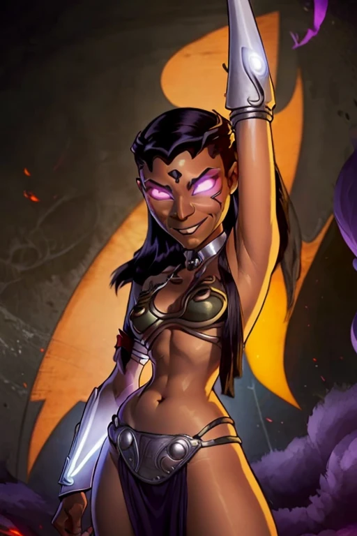 slave ((masterpiece, best quality)), a, Blackfire slave, black hair,  1slave girl, solo, dark skin,  upper body, grin, glowing, glowing eyes,  